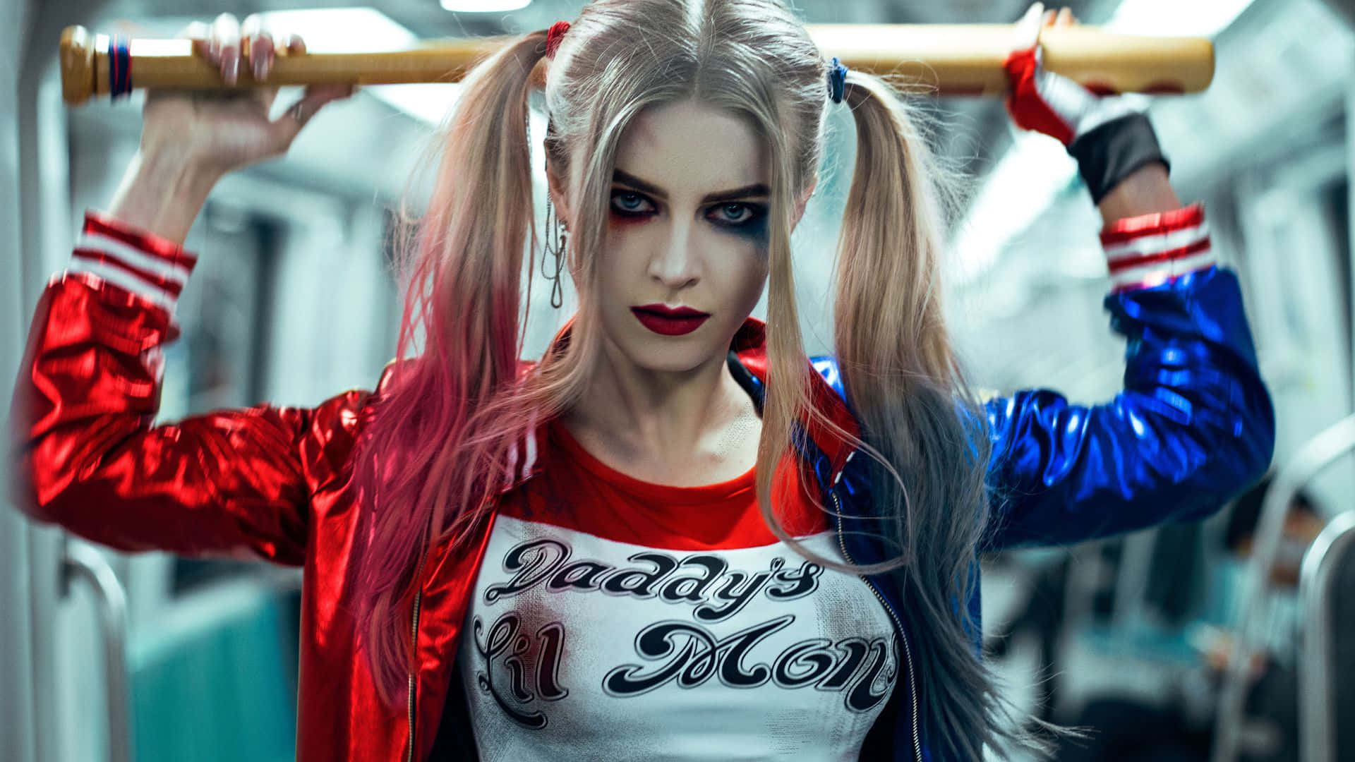 Harley Quinn, baseball bat, red blue jacket, Full HD Desktop Wallpaper