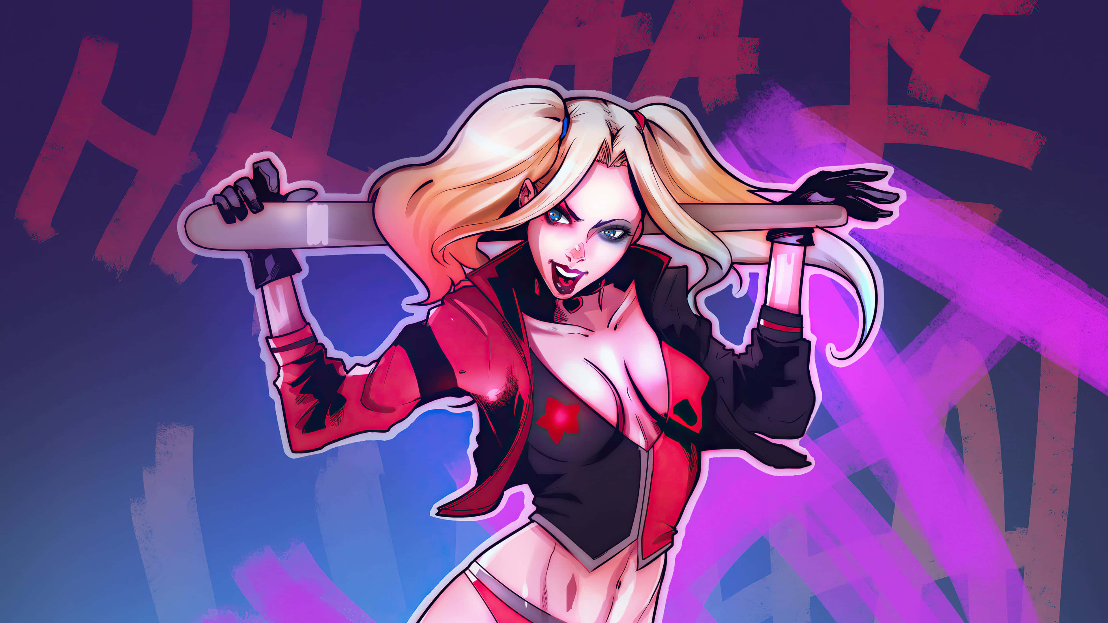 Harley Quinn, baseball bat, purple and blue background, 4K Desktop Wallpaper