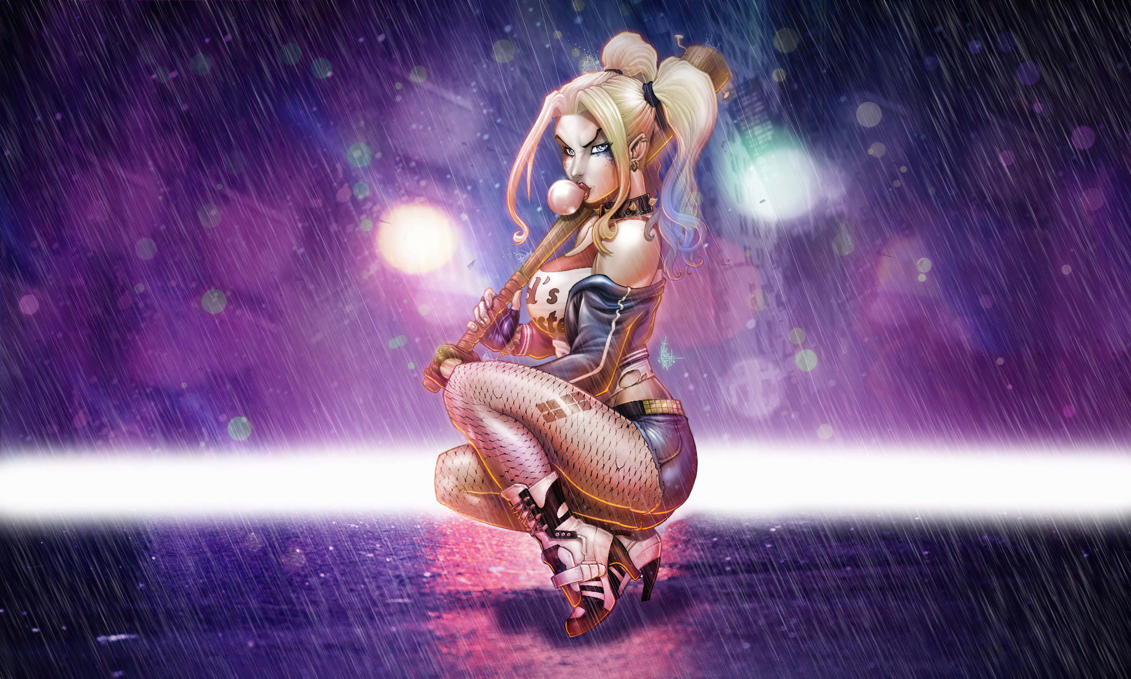 Harley Quinn, baseball bat, neon lights, 4K Desktop Wallpaper