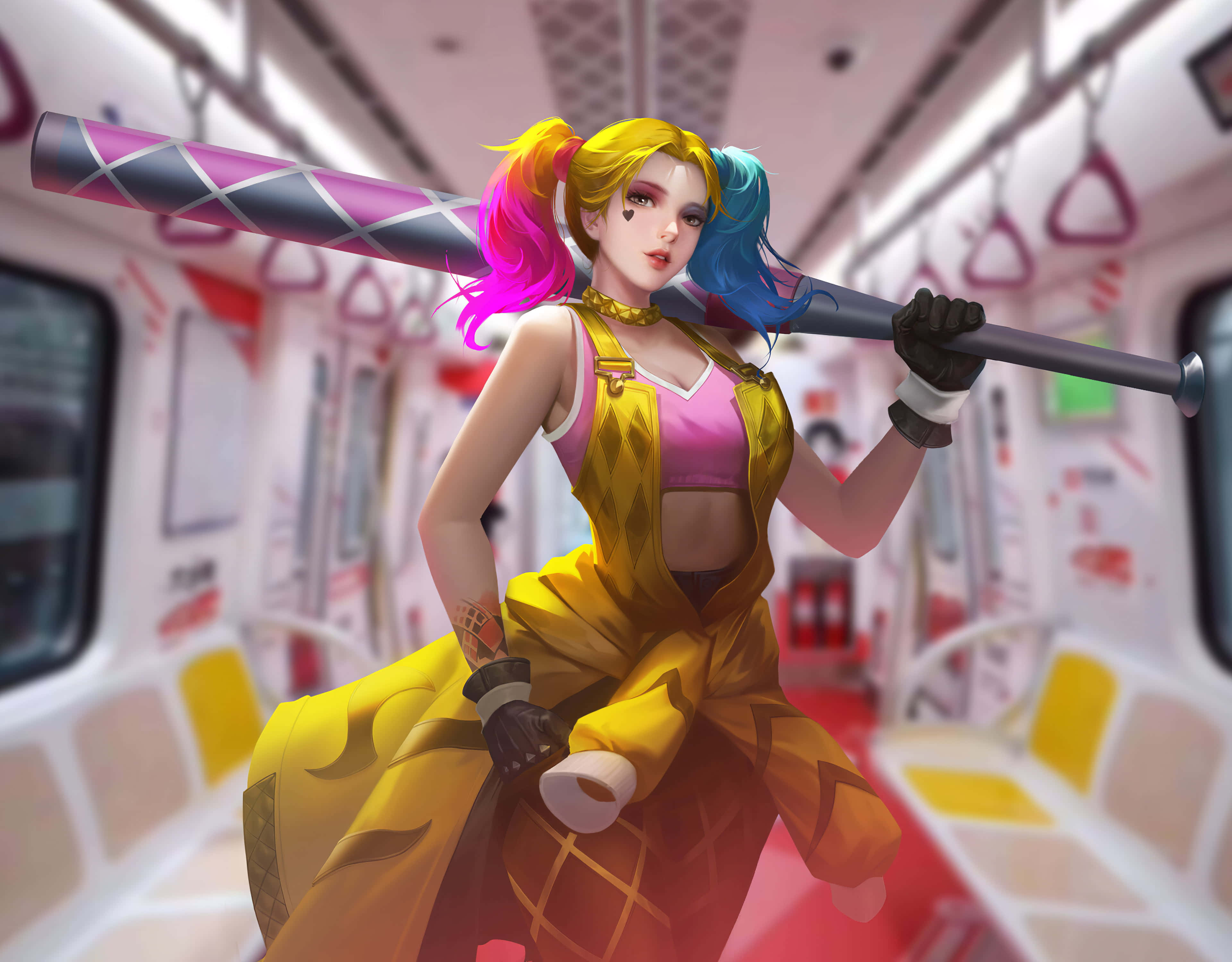 Harley Quinn, baseball bat, pink and blue pigtails, 4K Desktop Wallpaper