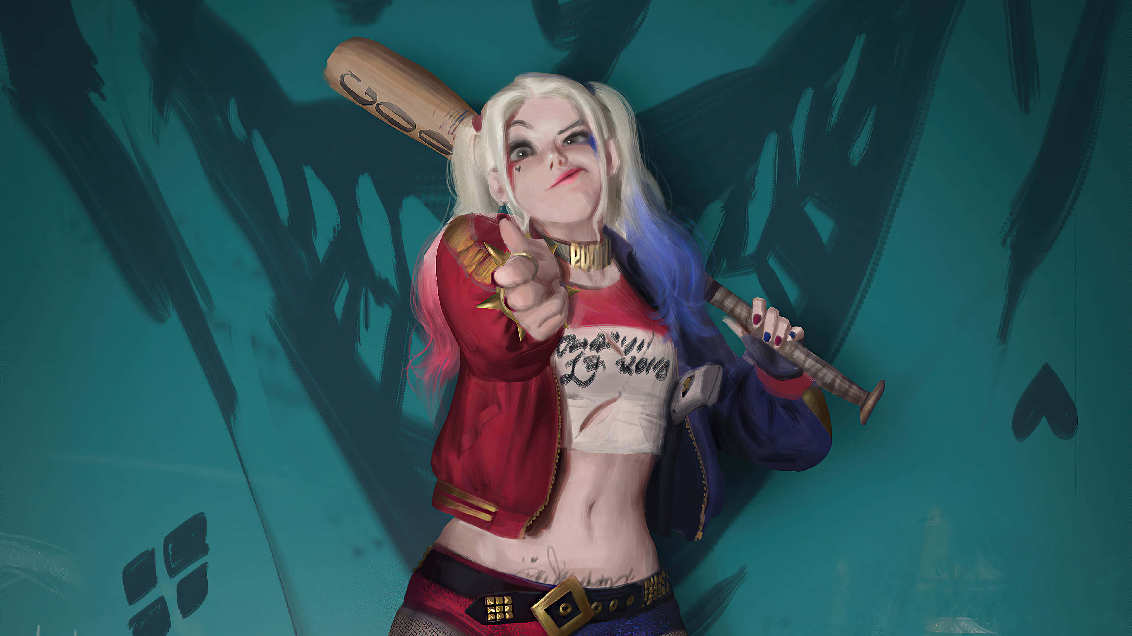 Harley Quinn, baseball bat, teal graffiti wall, 4K Desktop Wallpaper