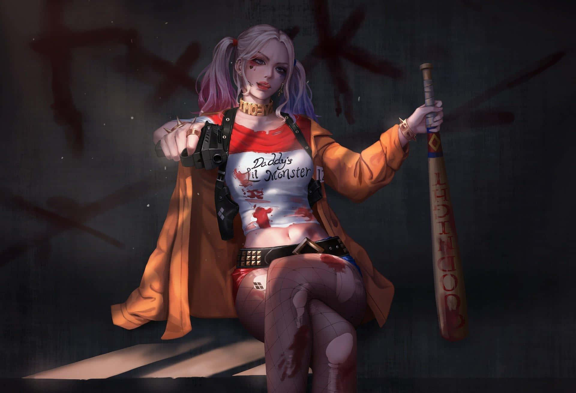 Harley Quinn, baseball bat, dark graffiti wall, Full HD Desktop Wallpaper