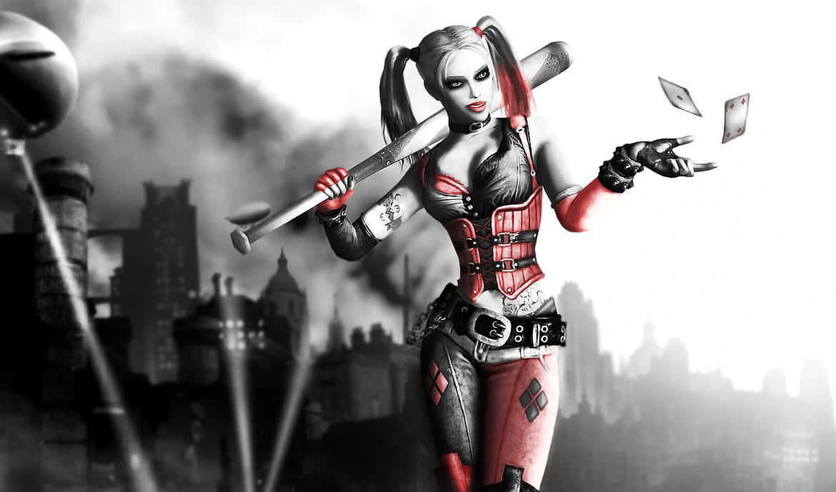 Harley Quinn, red and black outfit, baseball bat, SD Desktop Wallpaper