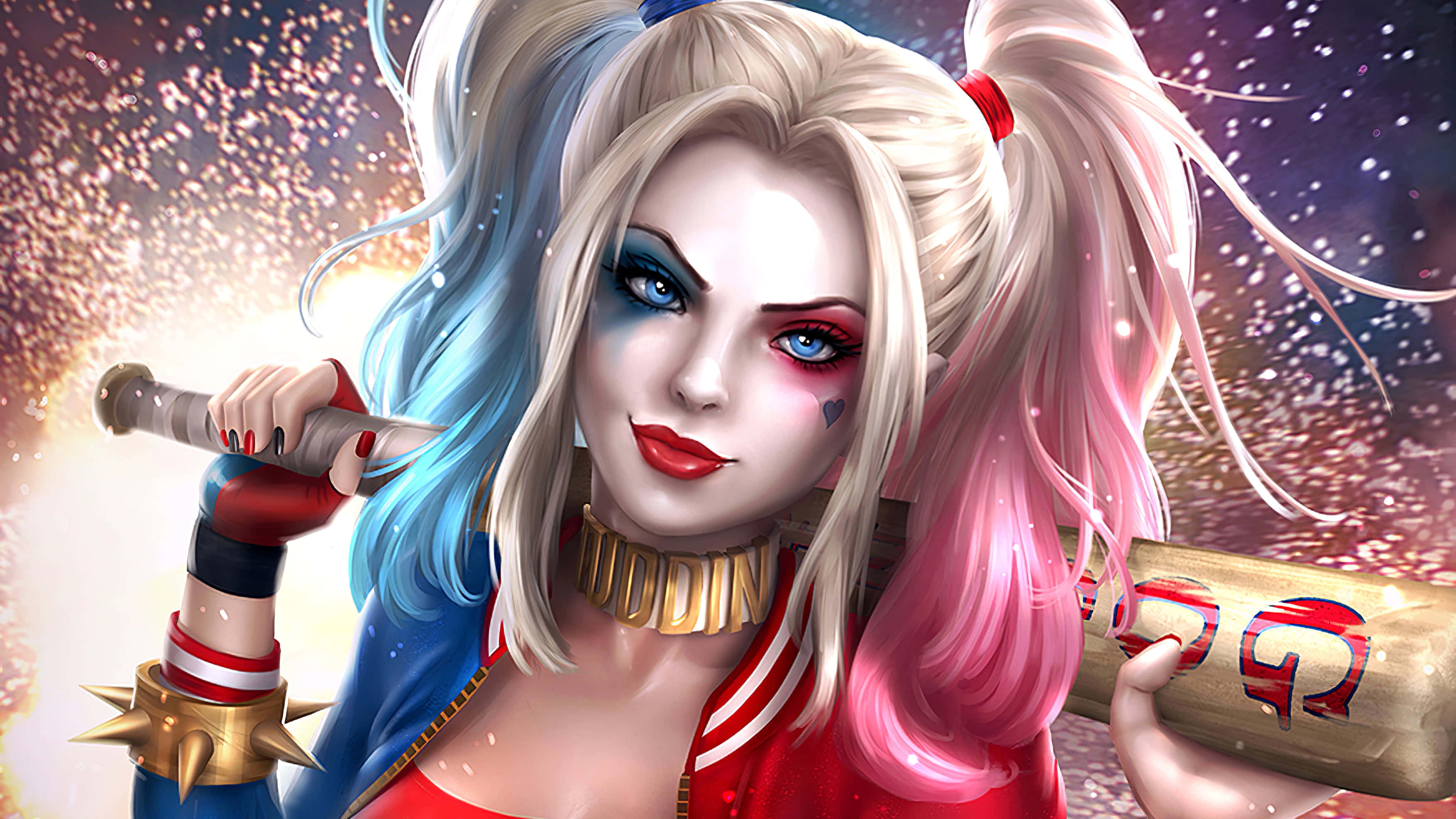 Harley Quinn, baseball bat, cosmic backdrop, 2K Desktop Wallpaper