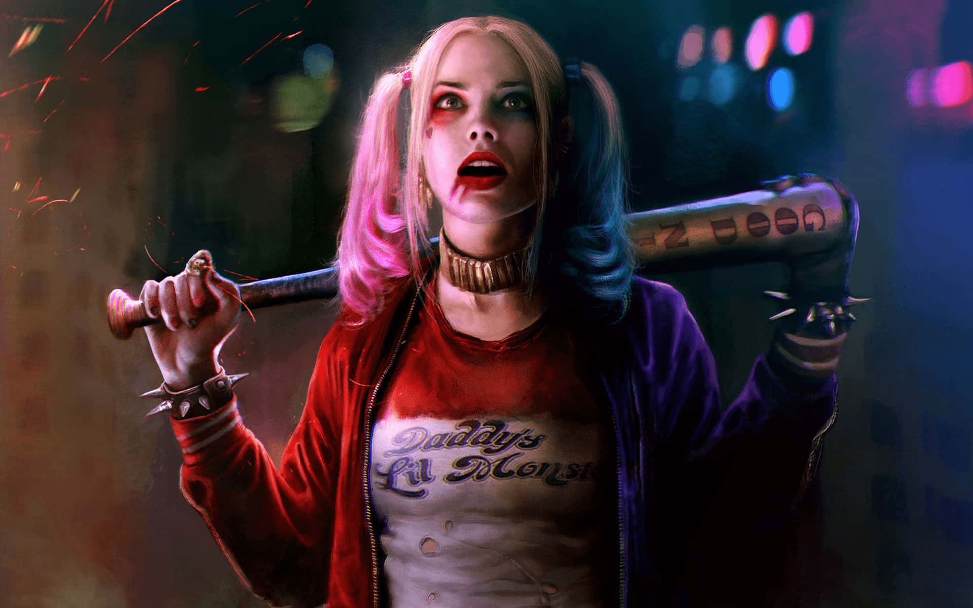 Harley Quinn, baseball bat, neon-lit alley, Full HD Desktop Wallpaper