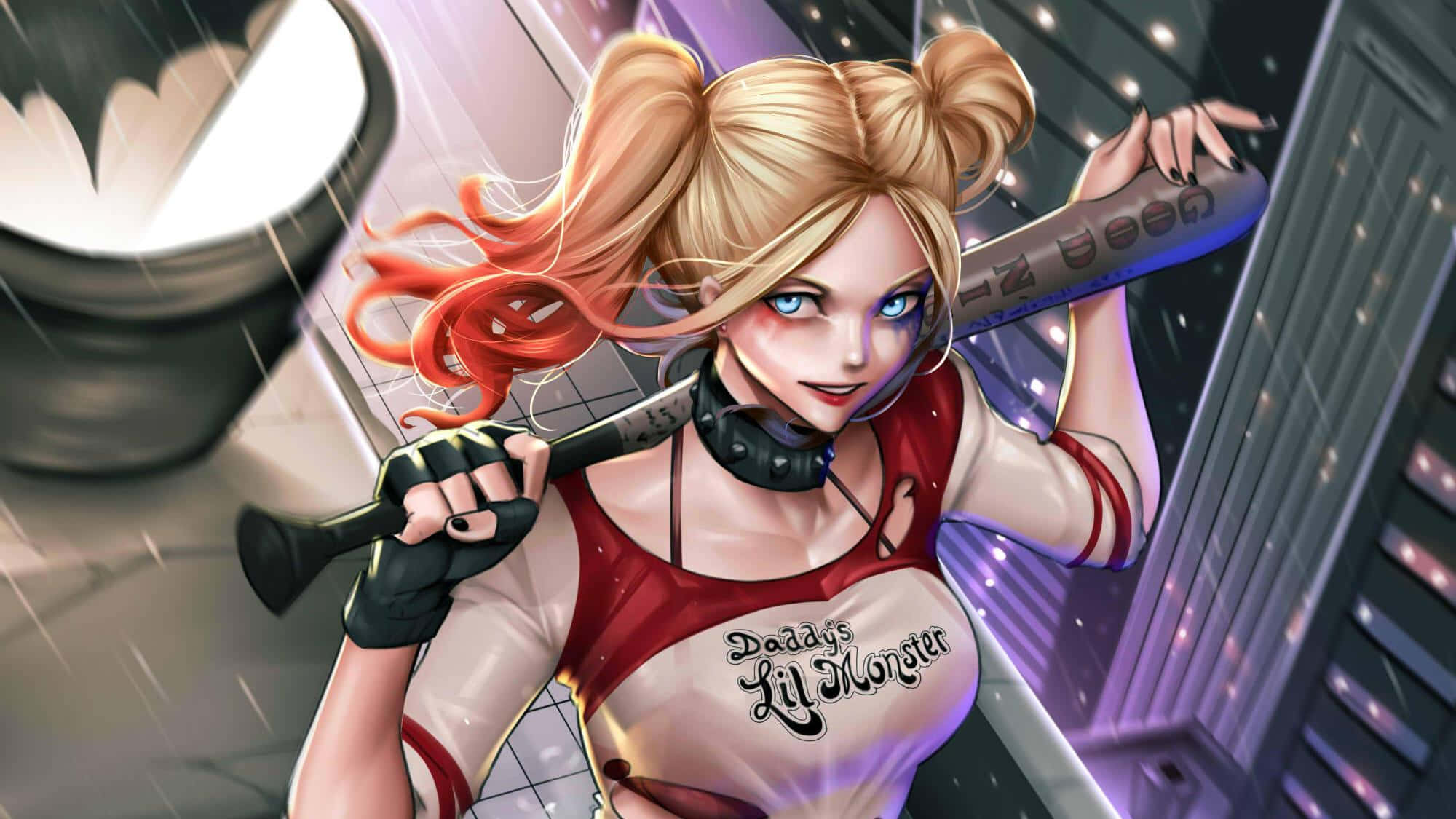 Harley Quinn, baseball bat, neon lights, Full HD Desktop Wallpaper