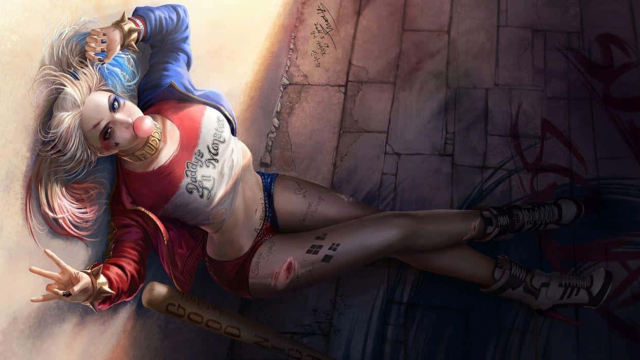 Harley Quinn, baseball bat, graffiti-covered concrete floor, SD Desktop Wallpaper