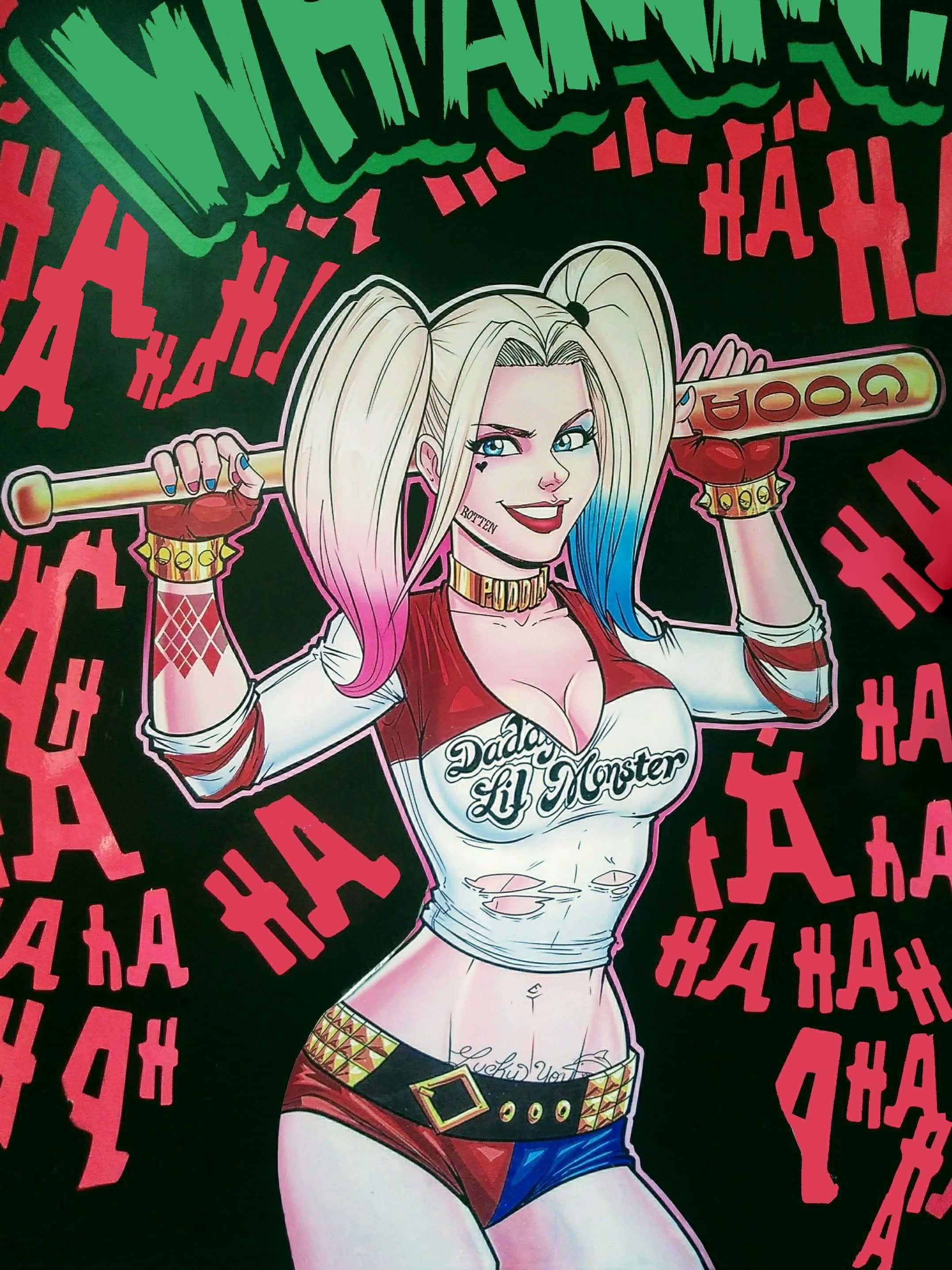 Harley Quinn, baseball bat, red and green 'HA HA' text, 2K Phone Wallpaper