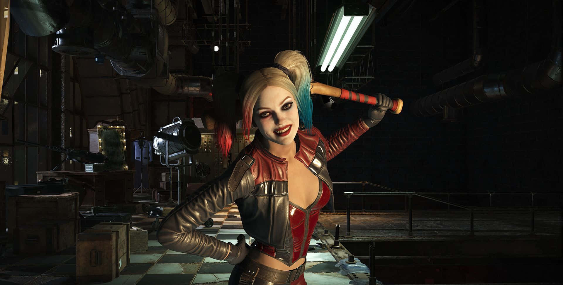 Harley Quinn, baseball bat, industrial warehouse, Full HD Desktop Wallpaper