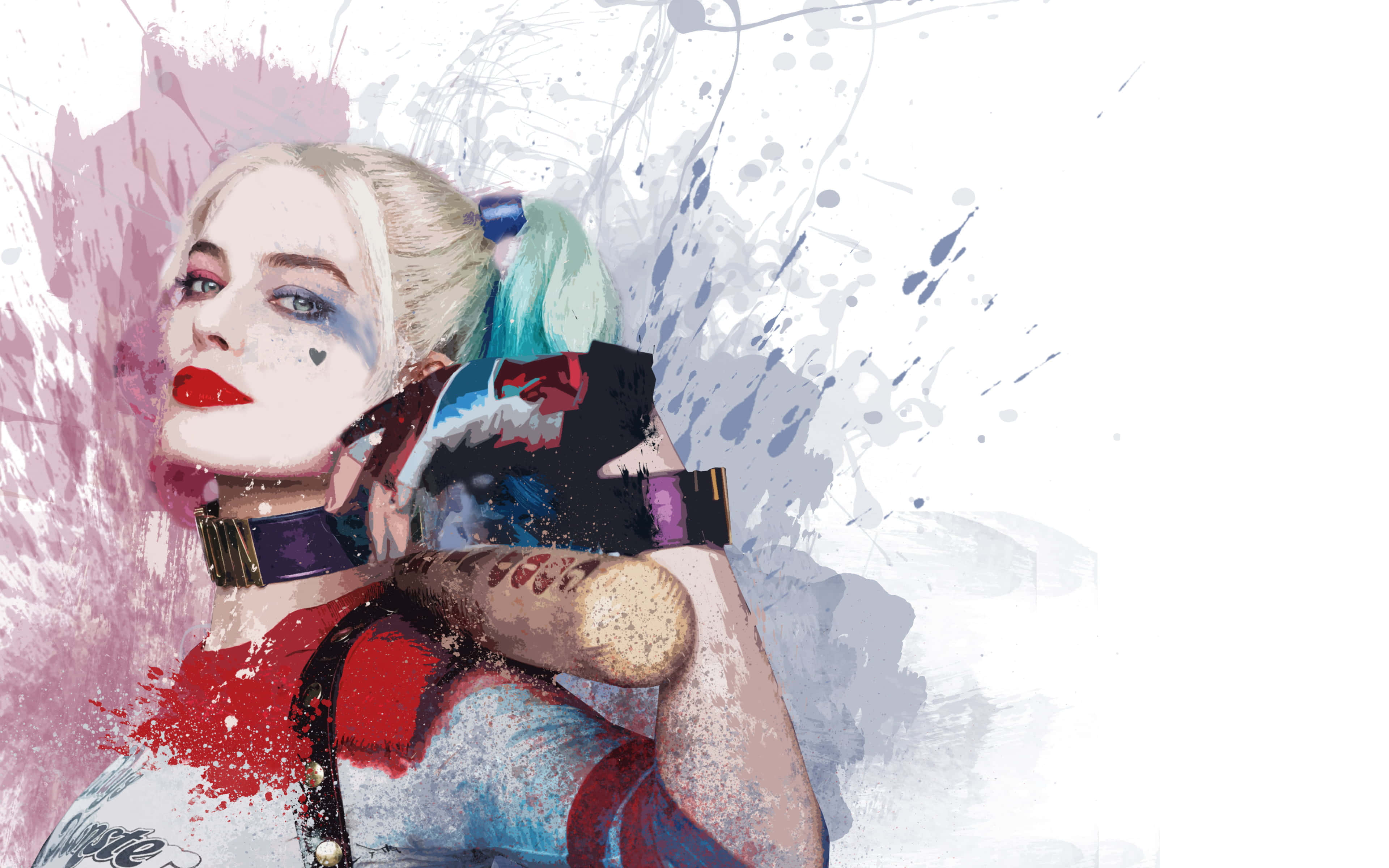 Harley Quinn, baseball bat, splattered paint background, 4K Desktop Wallpaper