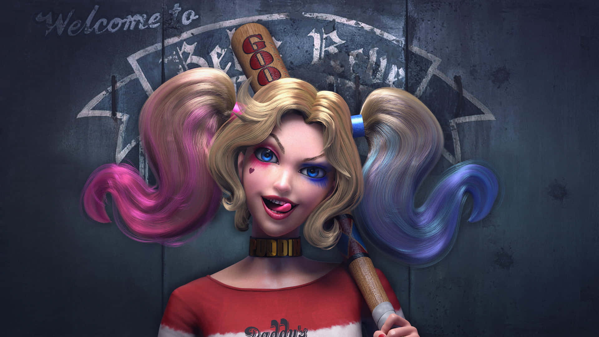 Harley Quinn, baseball bat, pink and blue pigtails, Full HD Desktop Wallpaper