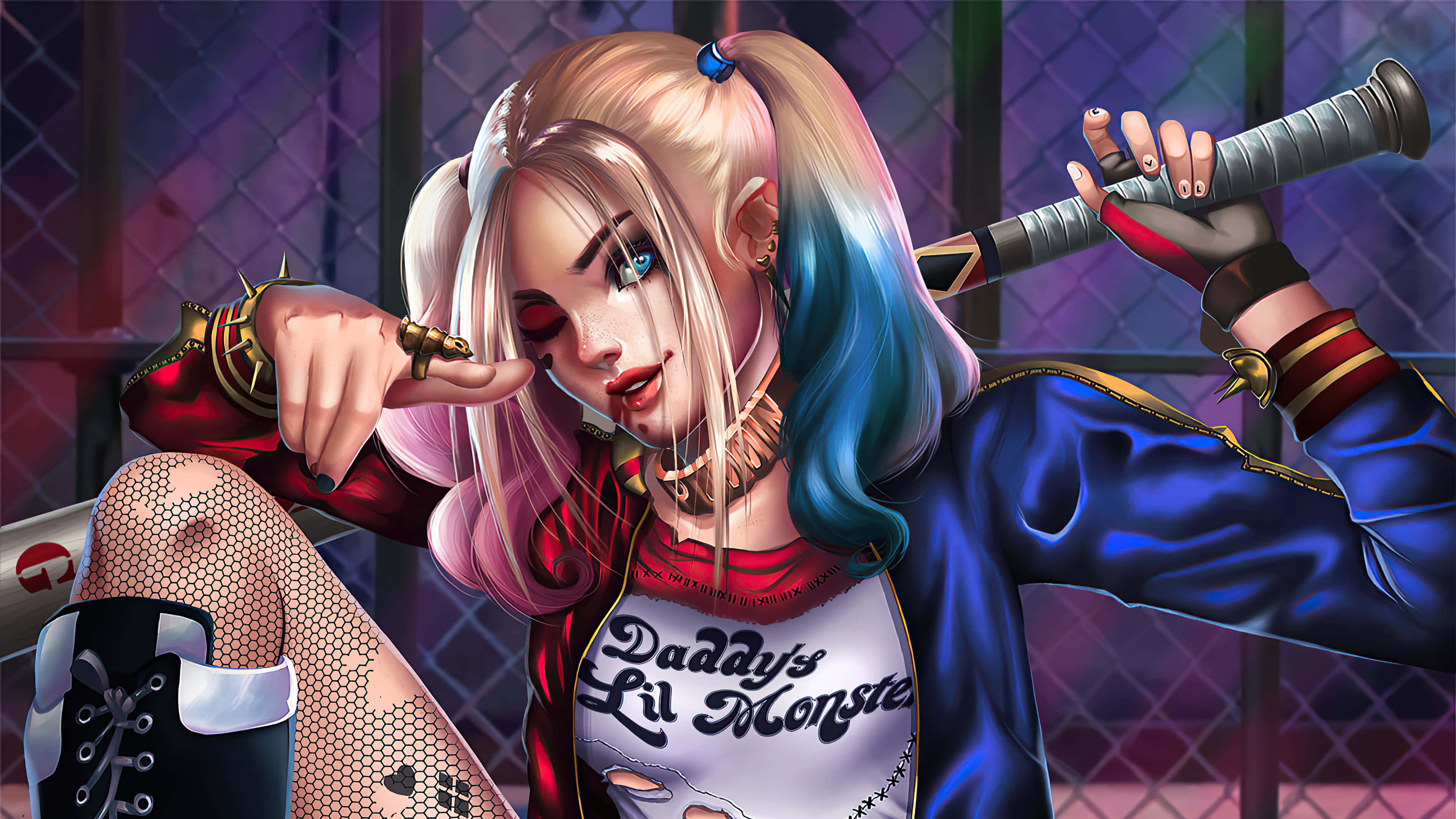 Harley Quinn, baseball bat, chain-link fence, 4K Desktop Wallpaper