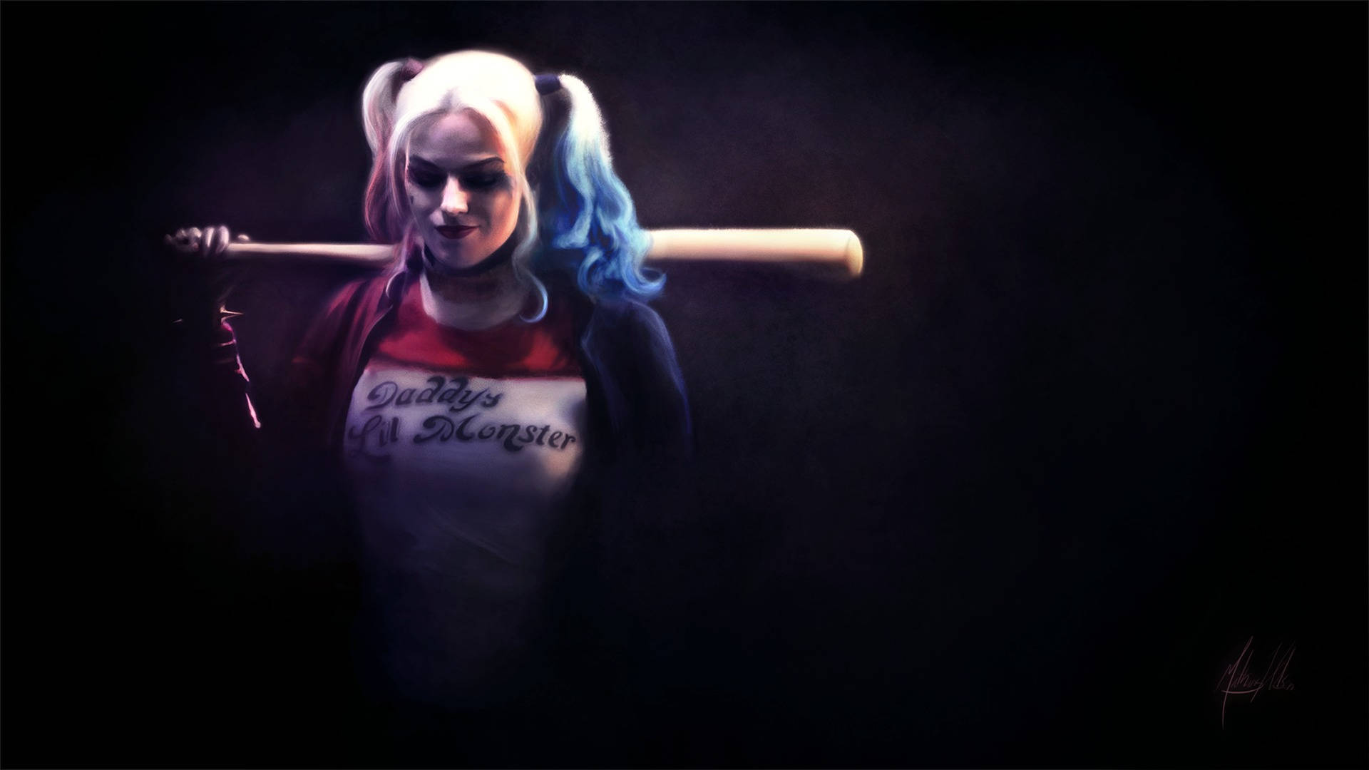 Harley Quinn, baseball bat, blue hair, Full HD Desktop Wallpaper