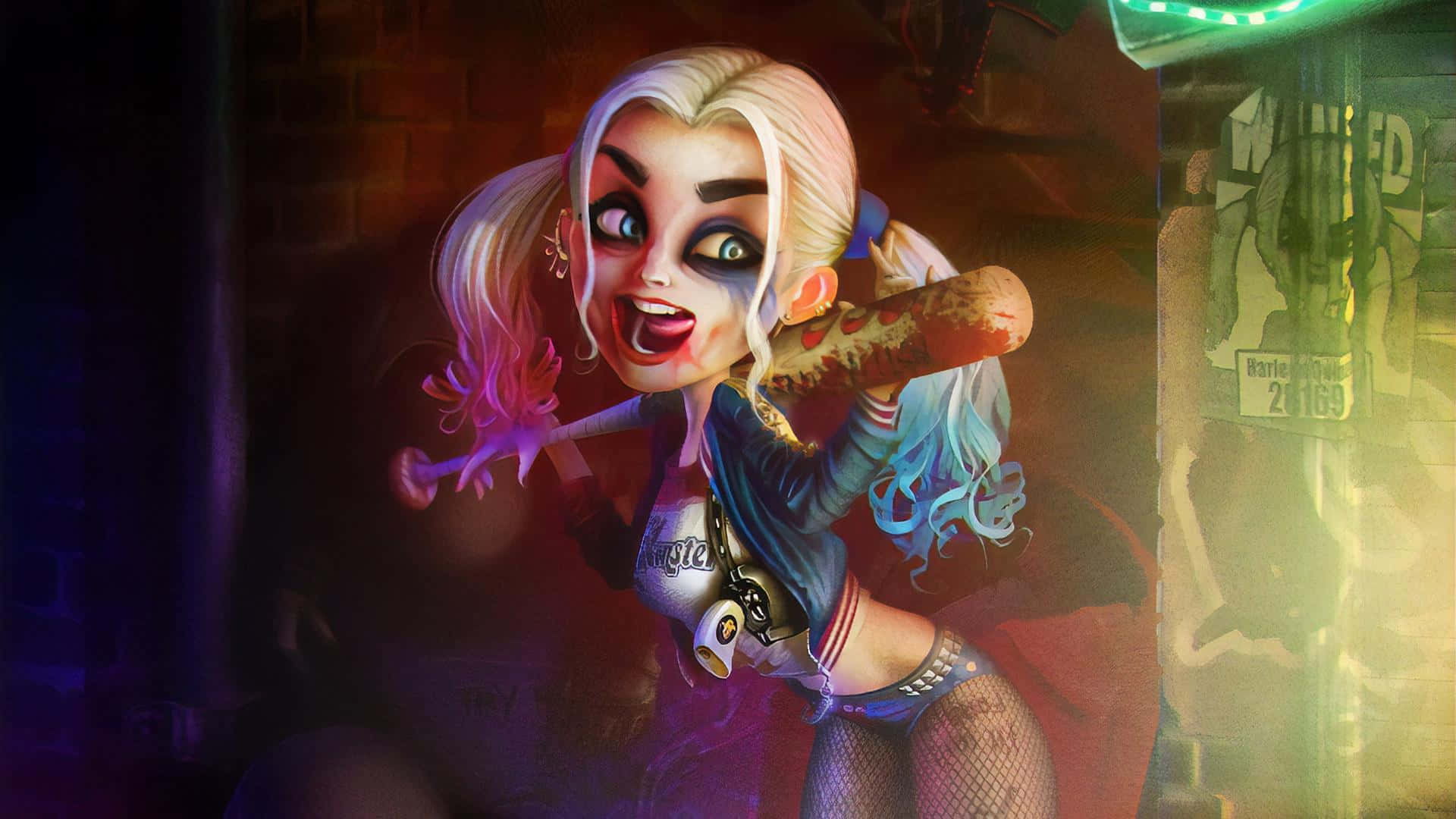Harley Quinn, baseball bat, neon-lit alley, Full HD Desktop Wallpaper