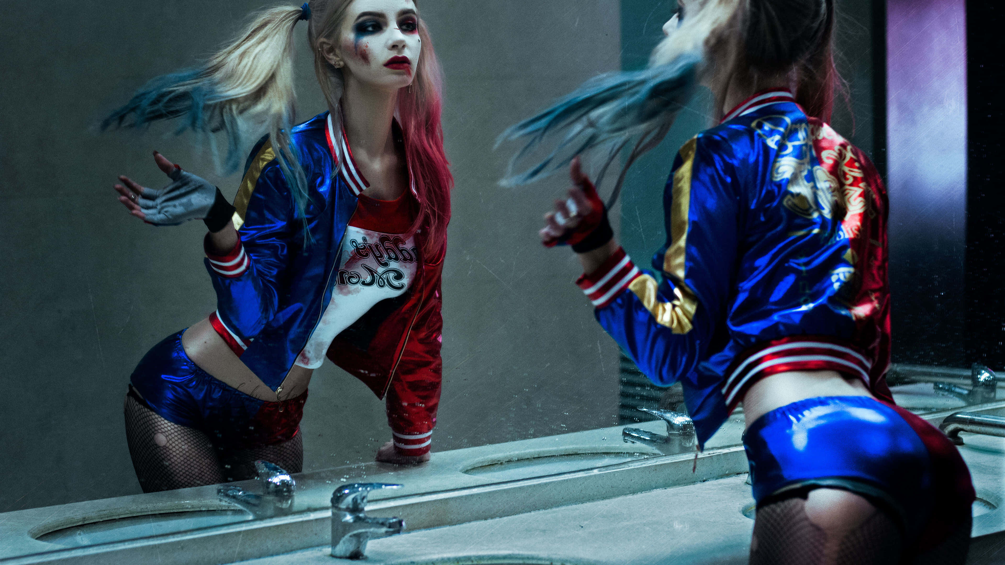Harley Quinn, blue and red jacket, wild hair, 4K Desktop Wallpaper