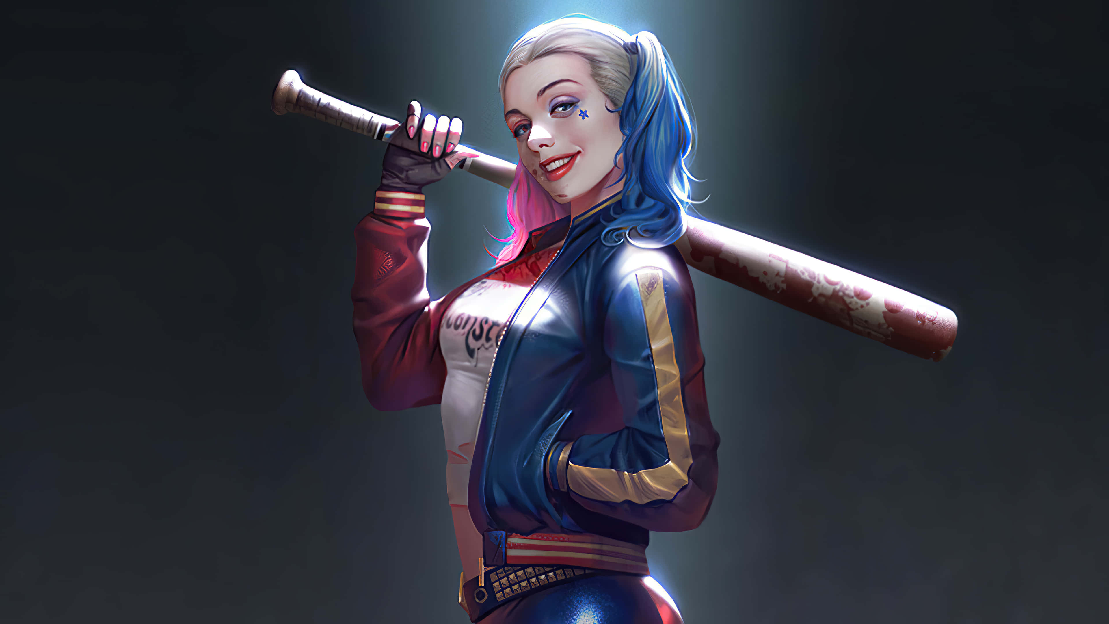 Harley Quinn, baseball bat, dark background, 4K Desktop Wallpaper