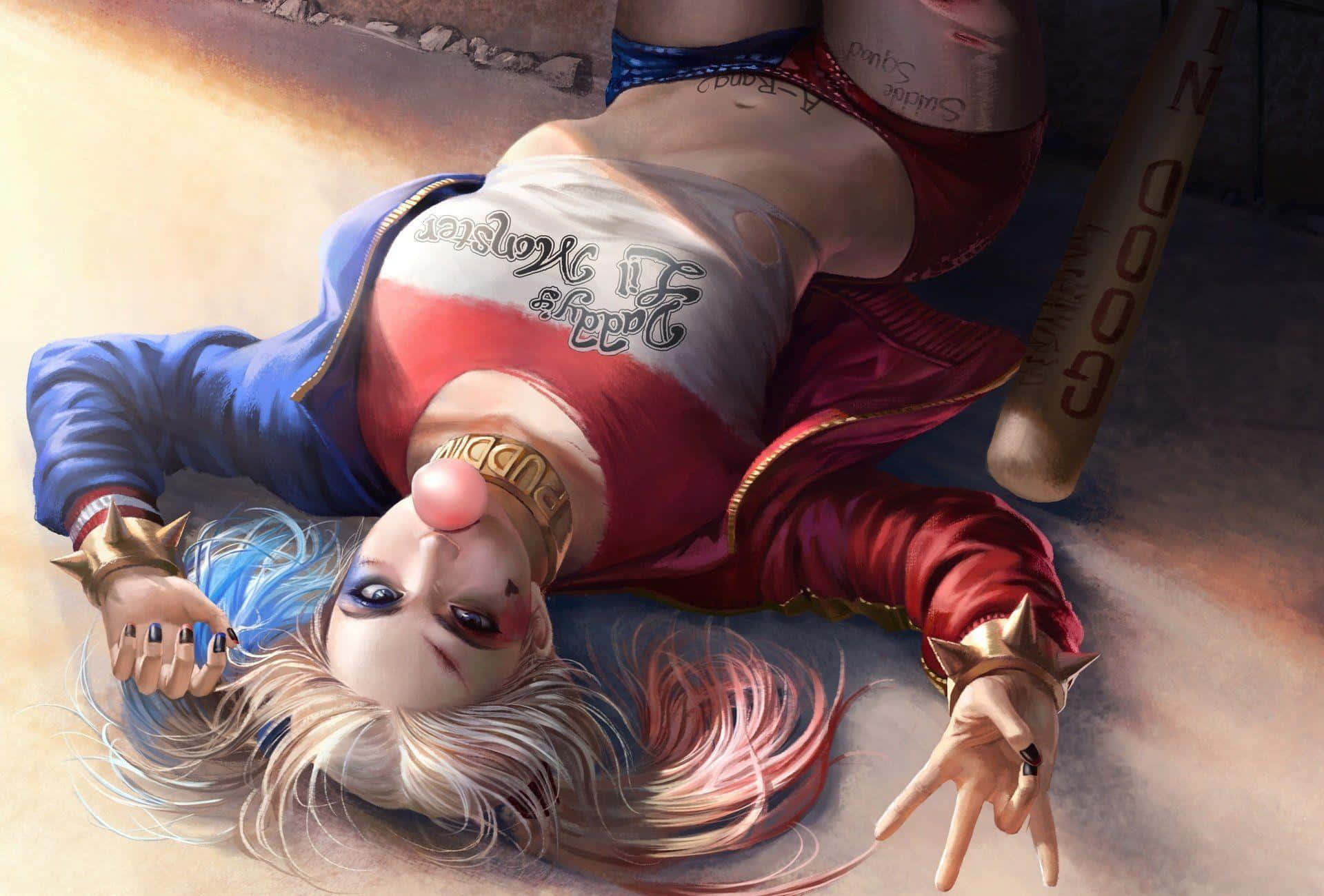 Harley Quinn, red and blue outfit, baseball bat, Full HD Desktop Wallpaper