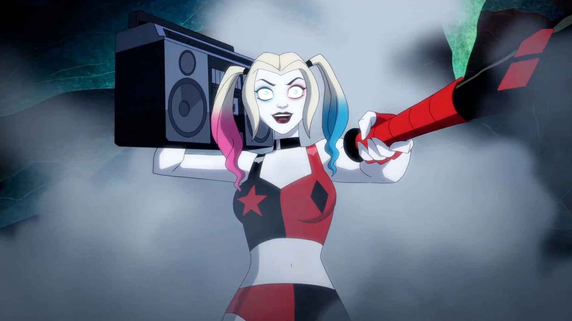 Harley Quinn, red and black outfit, boombox, Full HD Desktop Wallpaper