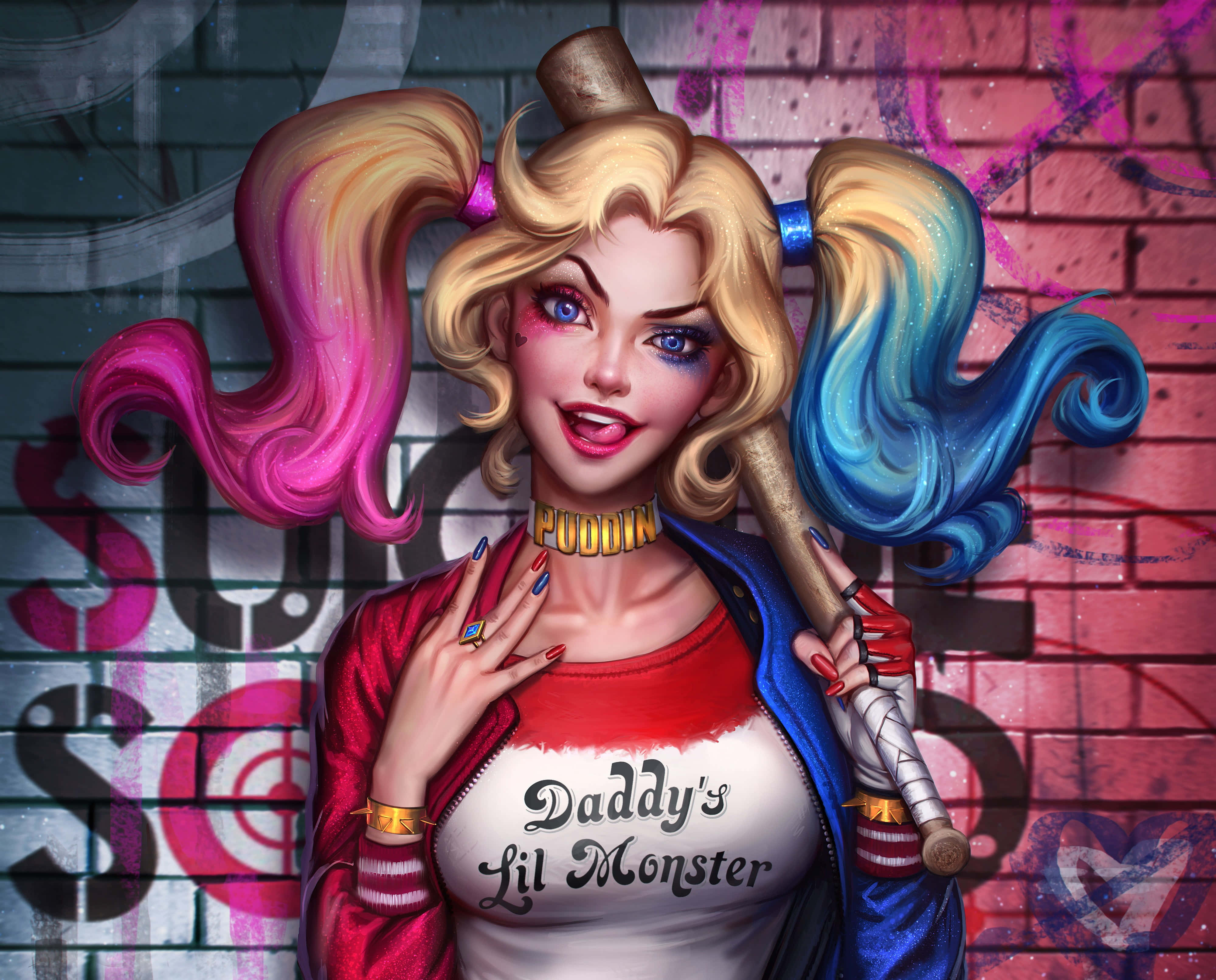 Harley Quinn, baseball bat, pink and blue pigtails, 4K Desktop Wallpaper