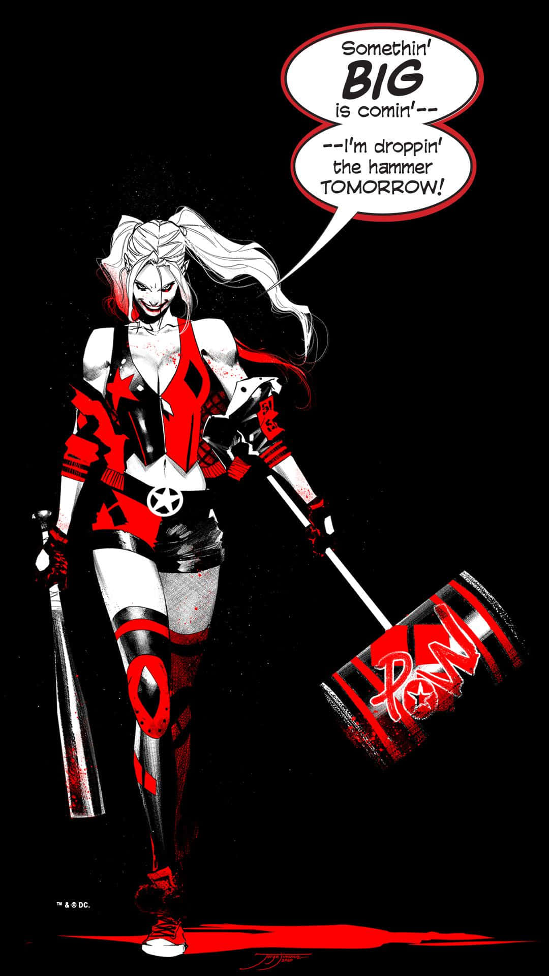Harley Quinn, red and black outfit, baseball bat, Full HD Phone Wallpaper