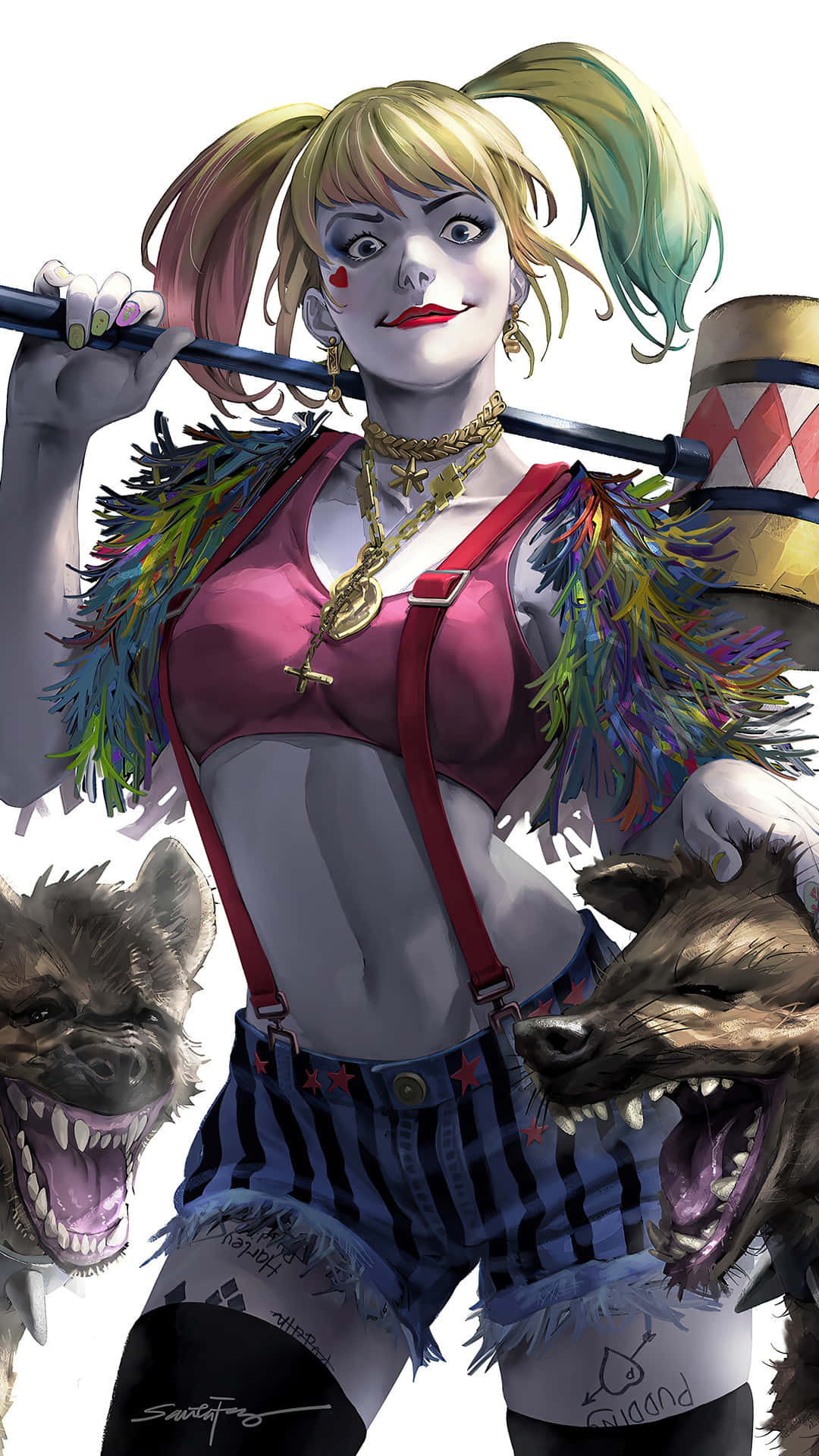 Harley Quinn, hammer, hyenas, Full HD Phone Wallpaper