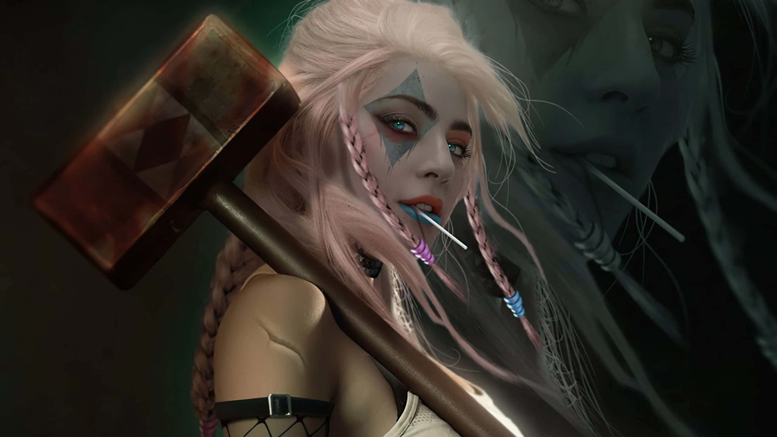 Harley Quinn, hammer, anime-style, 2K Desktop Wallpaper