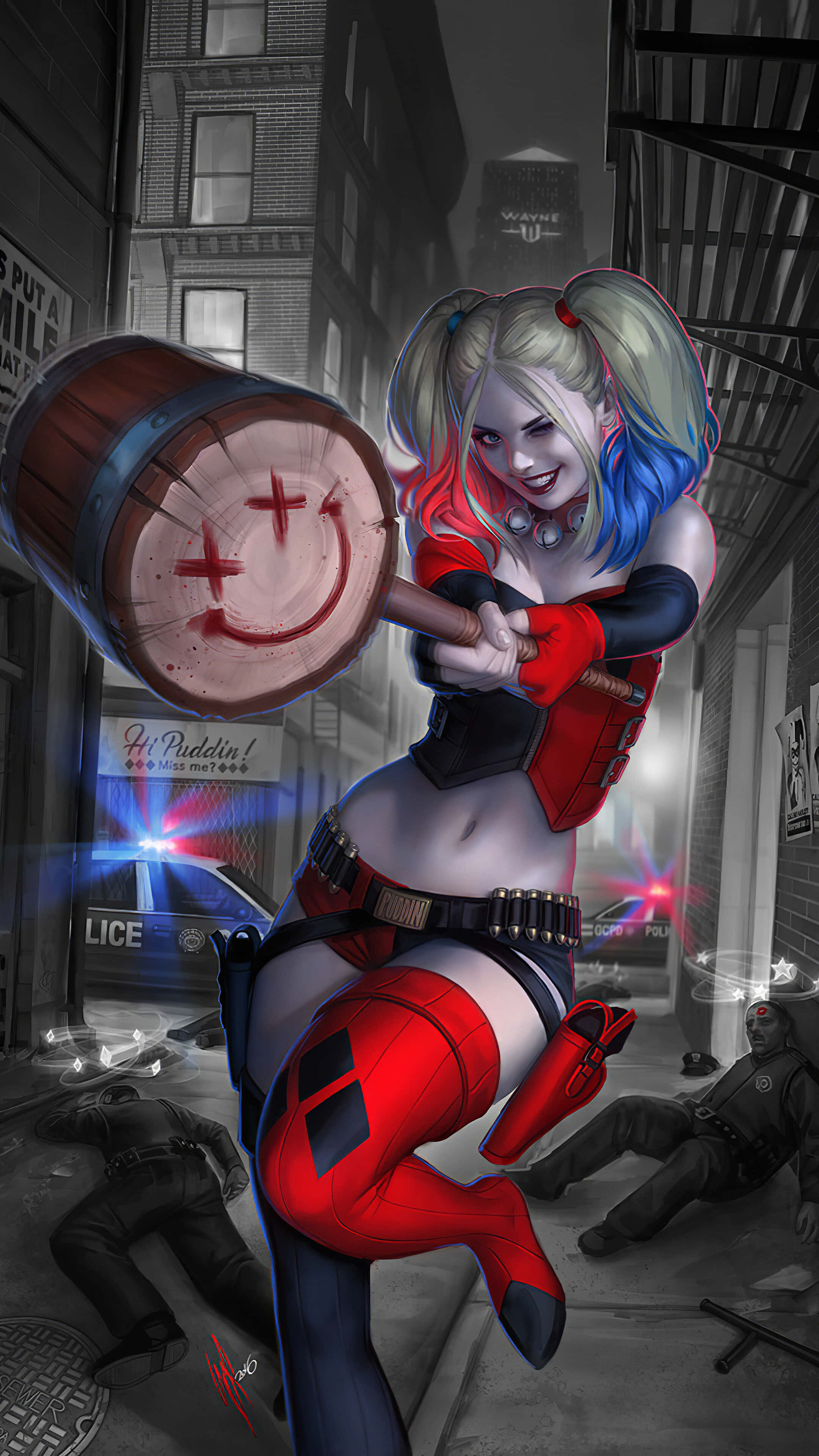 Harley Quinn, hammer, gritty urban alley, 4K Phone Wallpaper