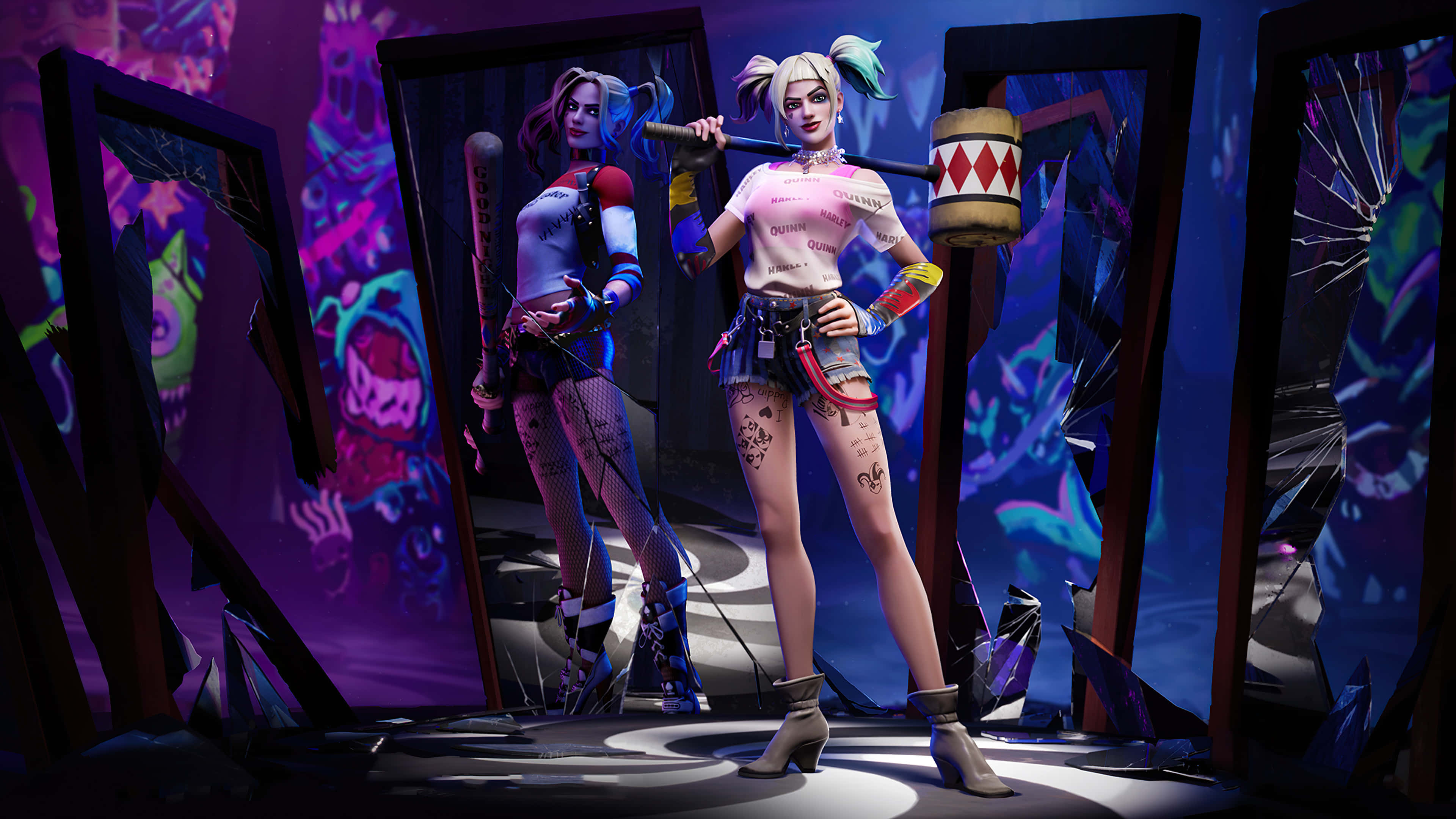 Harley Quinn, hammer, neon purple, 4K Desktop Wallpaper