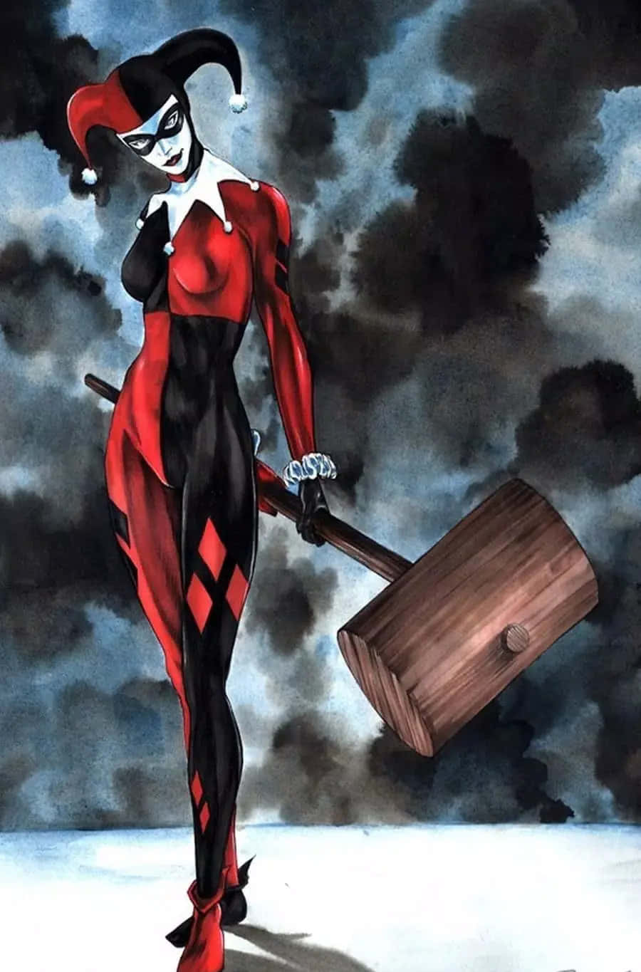 Harley Quinn, hammer, red and black jester outfit, HD Phone Wallpaper