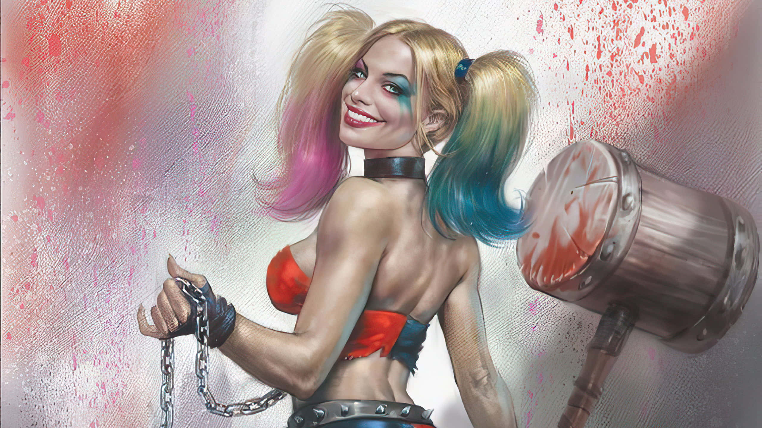 Harley Quinn, hammer, chain, 2K Desktop Wallpaper
