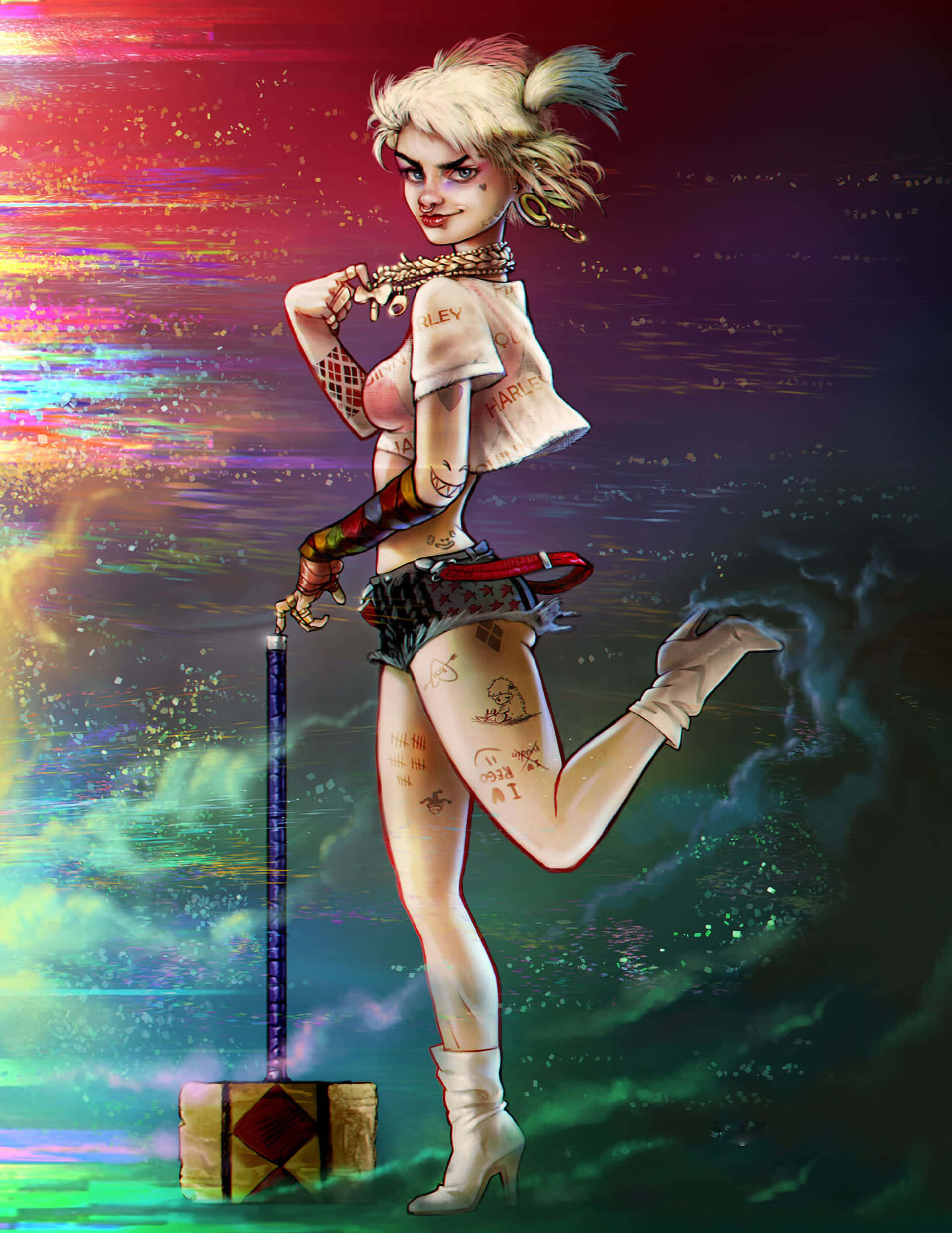 Harley Quinn, hammer, glitchy cosmic background, Full HD Phone Wallpaper