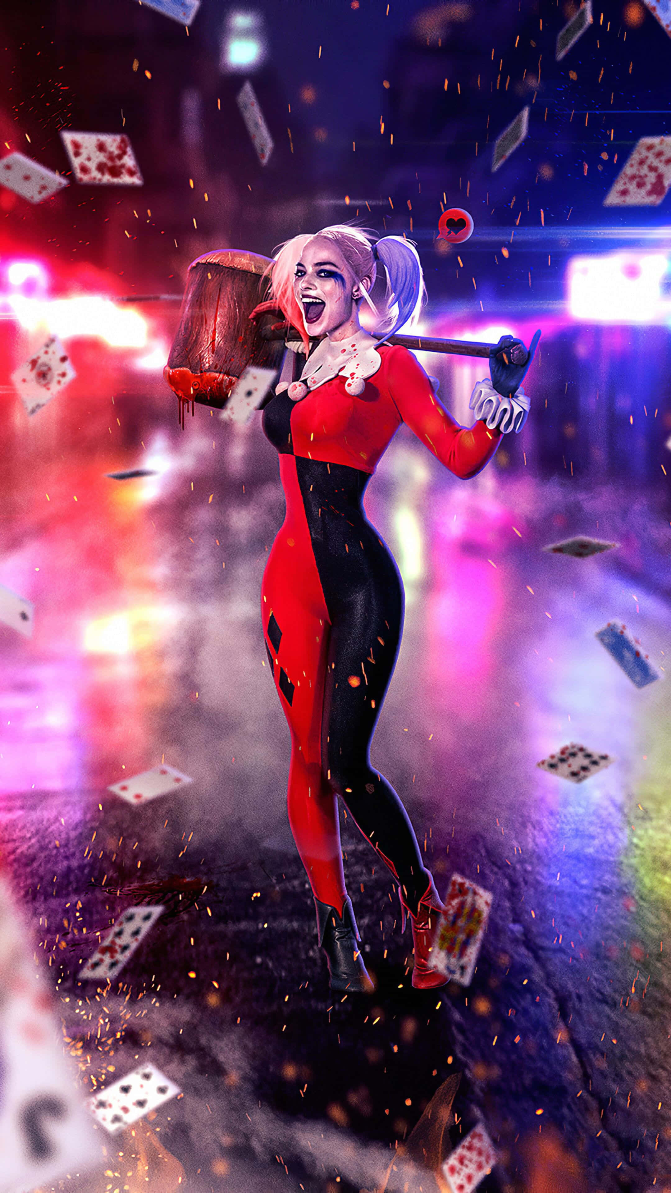 Harley Quinn, hammer, red and black outfit, 4K Phone Wallpaper