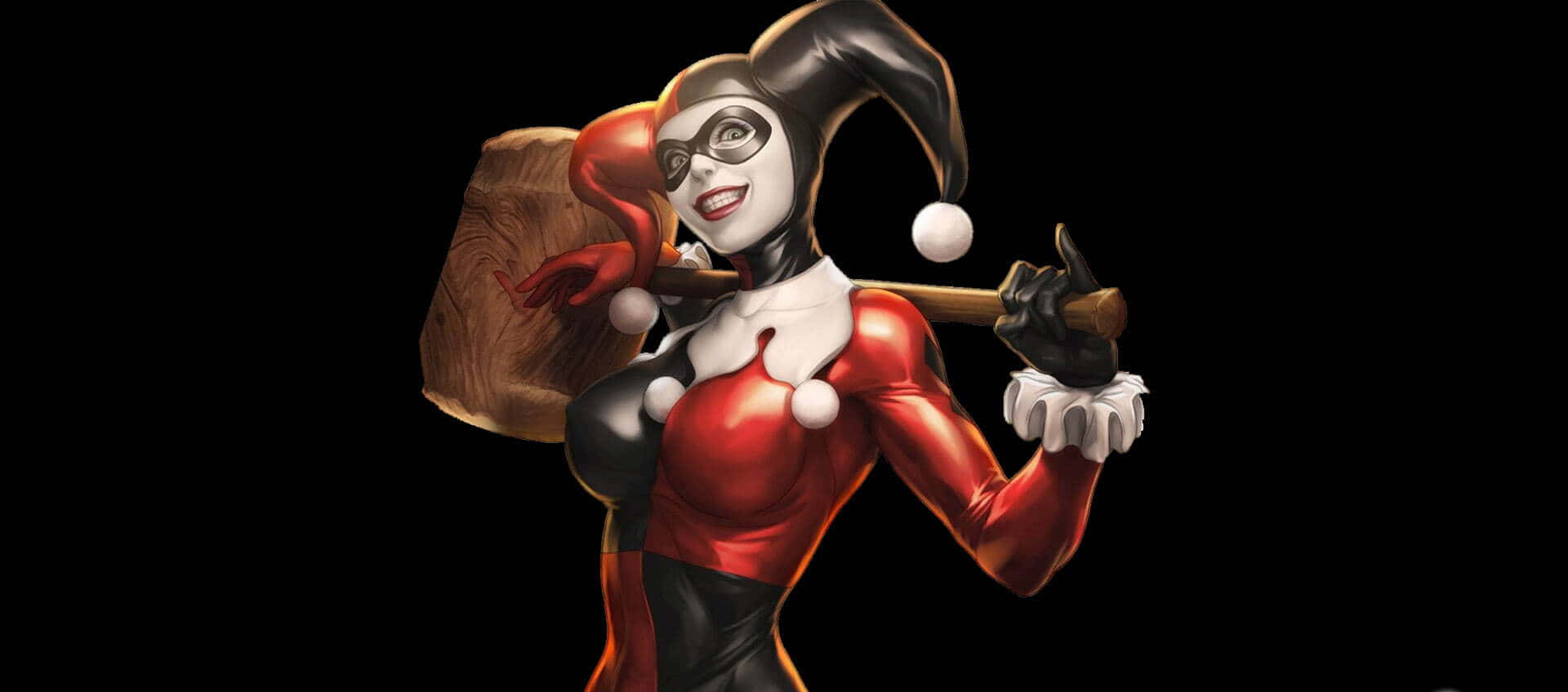 Harley Quinn, hammer, red and black jester outfit, Full HD Desktop Wallpaper