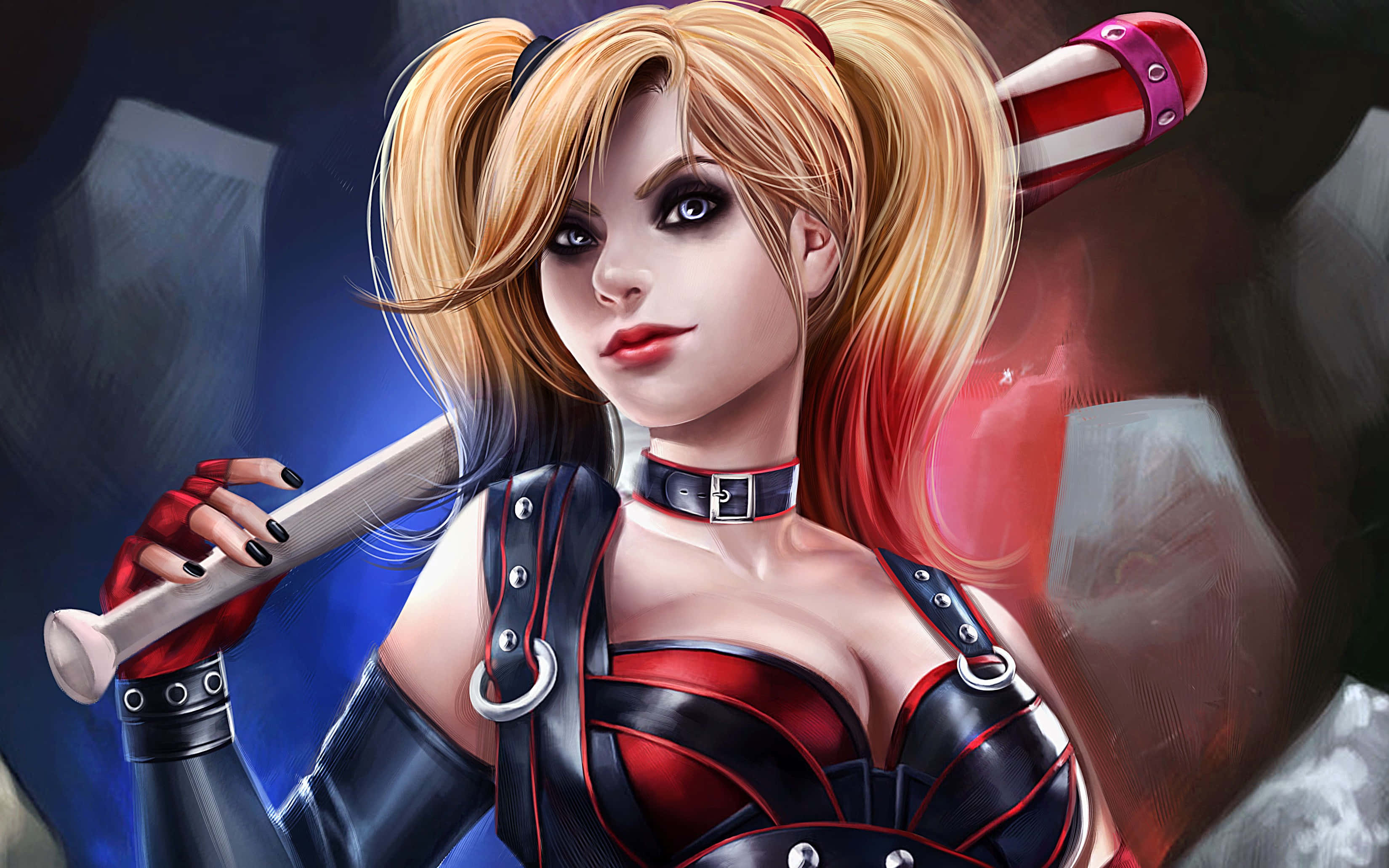 Harley Quinn, baseball bat, dark abstract background, 2K Desktop Wallpaper