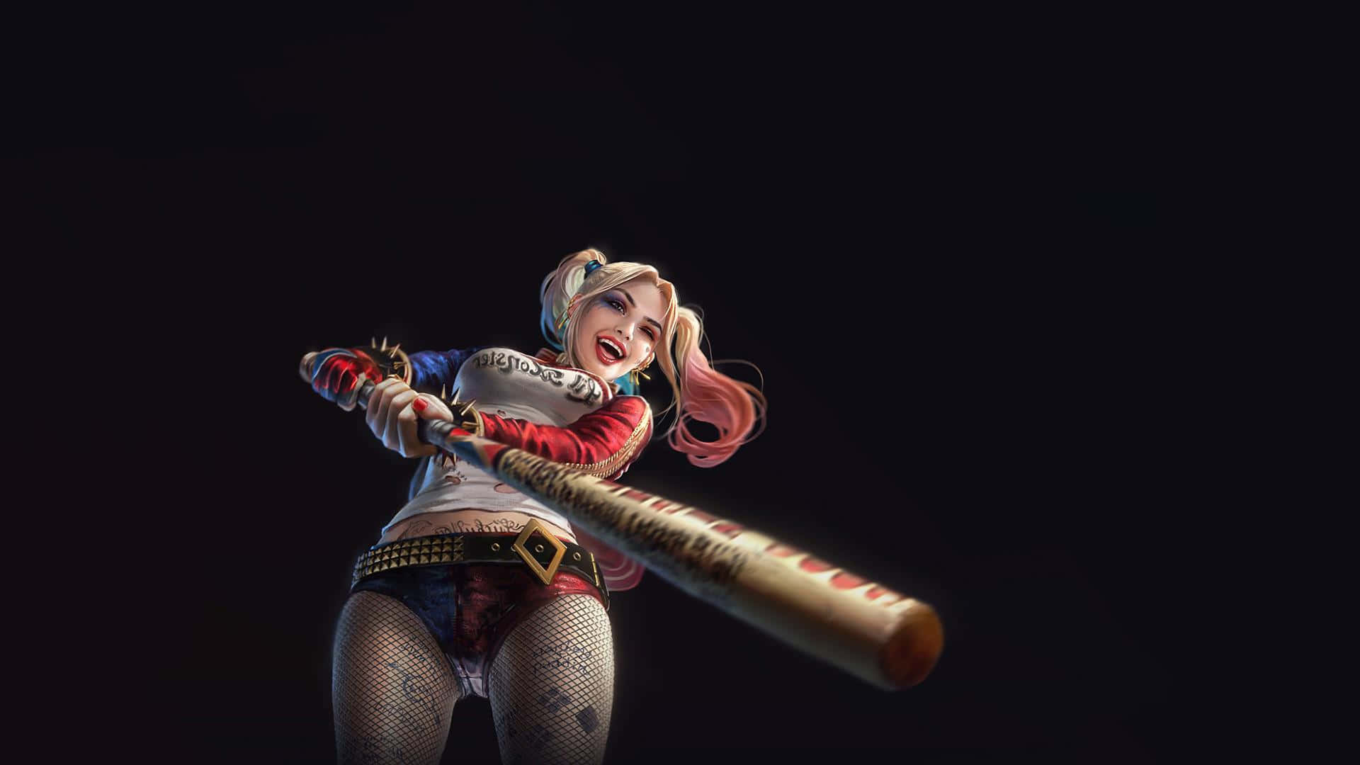 Harley Quinn, baseball bat, manic grin, Full HD Desktop Wallpaper