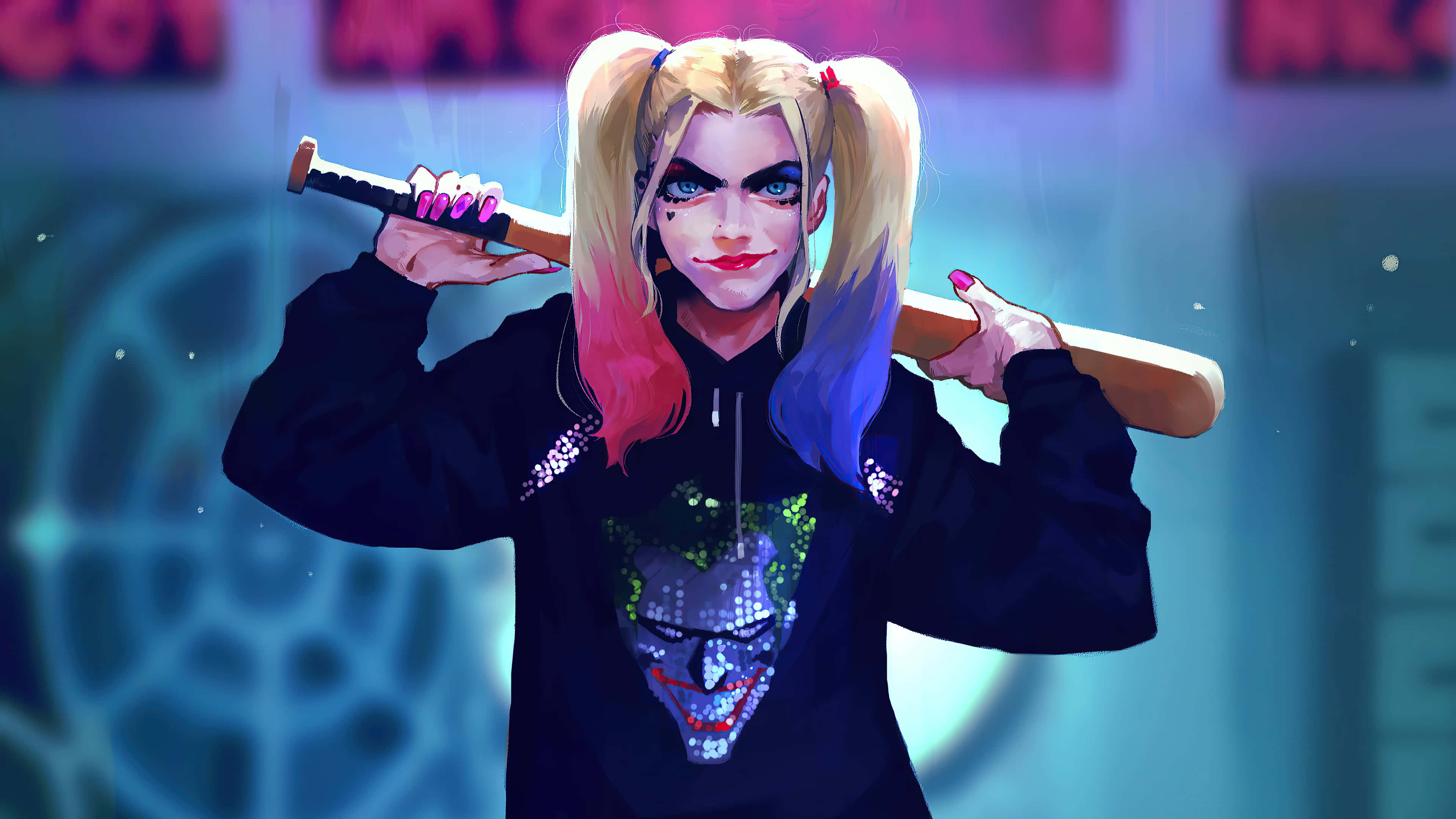 Harley Quinn, baseball bat, neon-lit urban backdrop, 4K Desktop Wallpaper