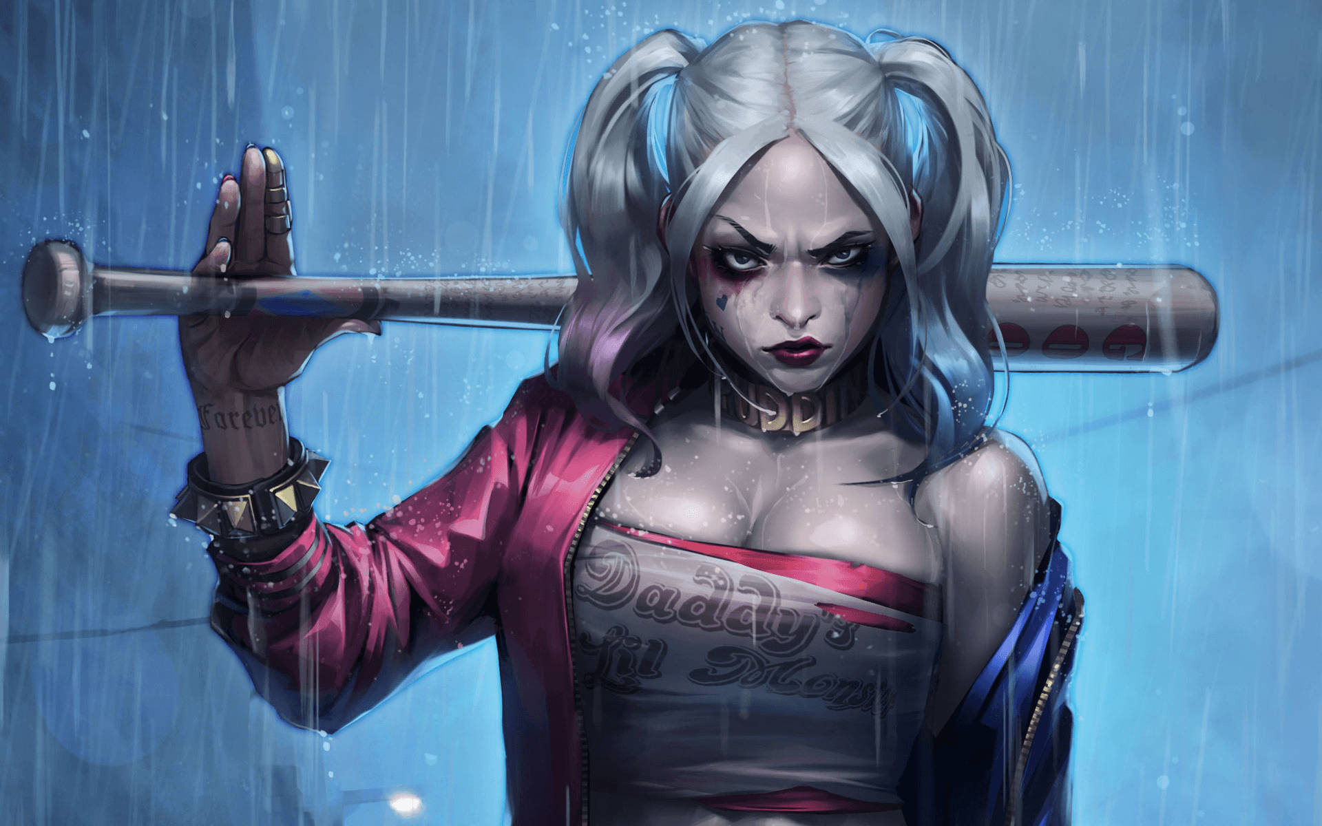 Harley Quinn, baseball bat, downpour, Full HD Desktop Wallpaper