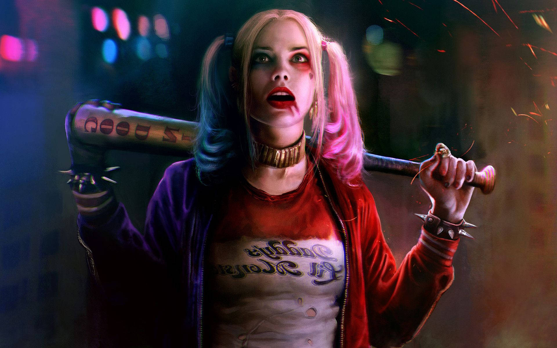 Harley Quinn, pink and black cosplay, baseball bat, Full HD Desktop Wallpaper