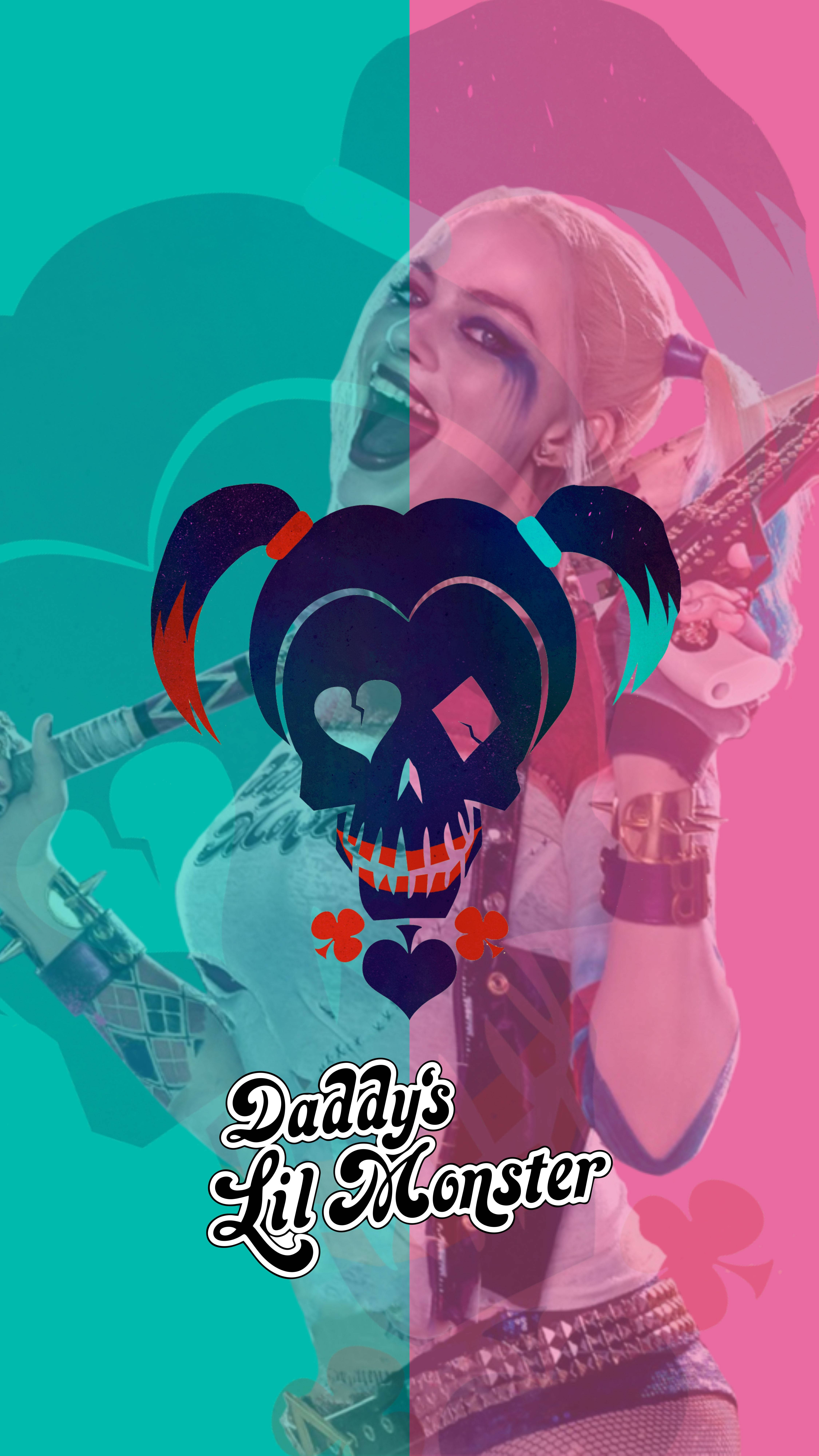 Harley Quinn, guitar, split teal and pink background, 8K Phone Wallpaper