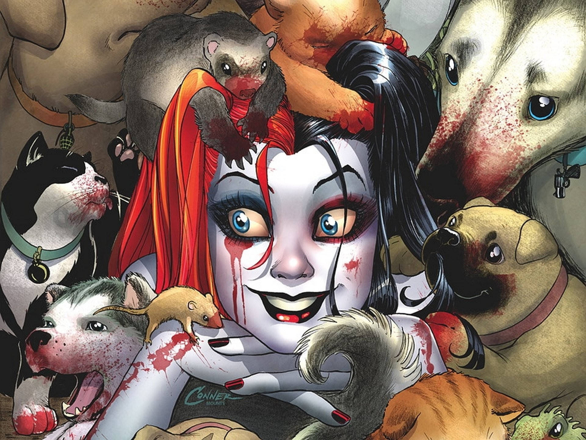 Harley Quinn, bloodied animals, chaotic comic book illustration, Full HD Desktop Wallpaper