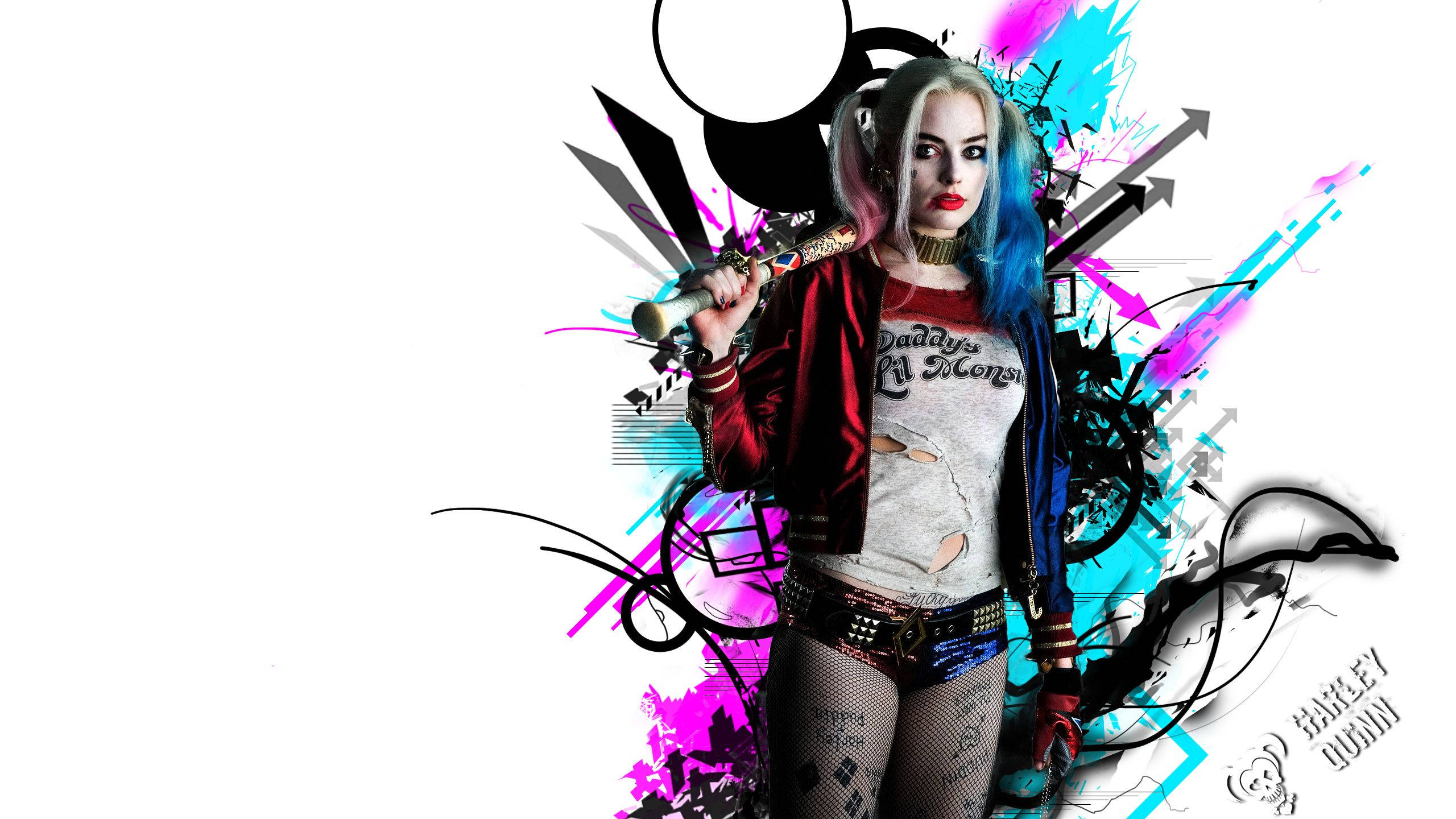 Harley Quinn, baseball bat, neon pink, 2K Desktop Wallpaper