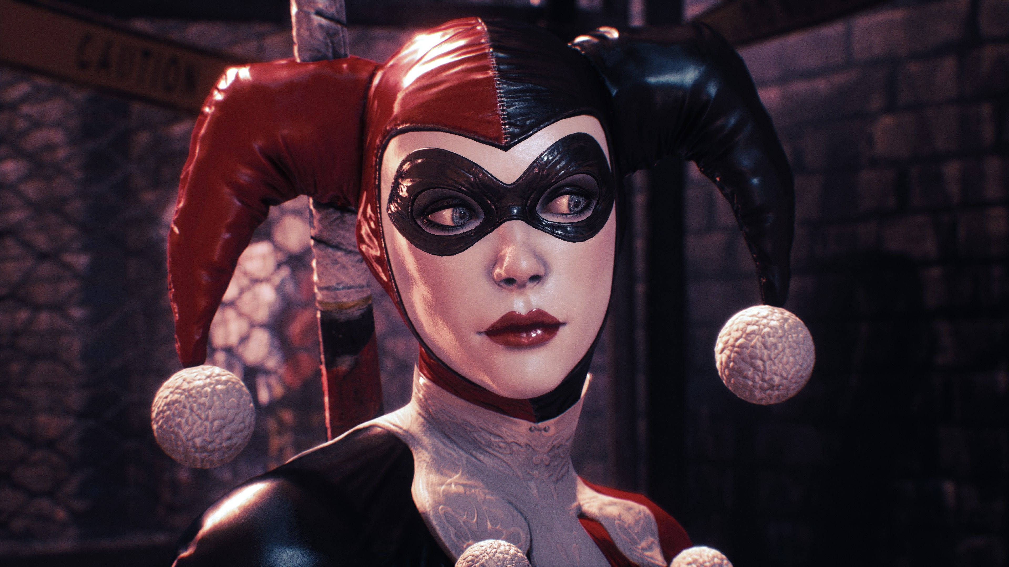 Harley Quinn, jester outfit, urban alleyway, 4K Desktop Wallpaper
