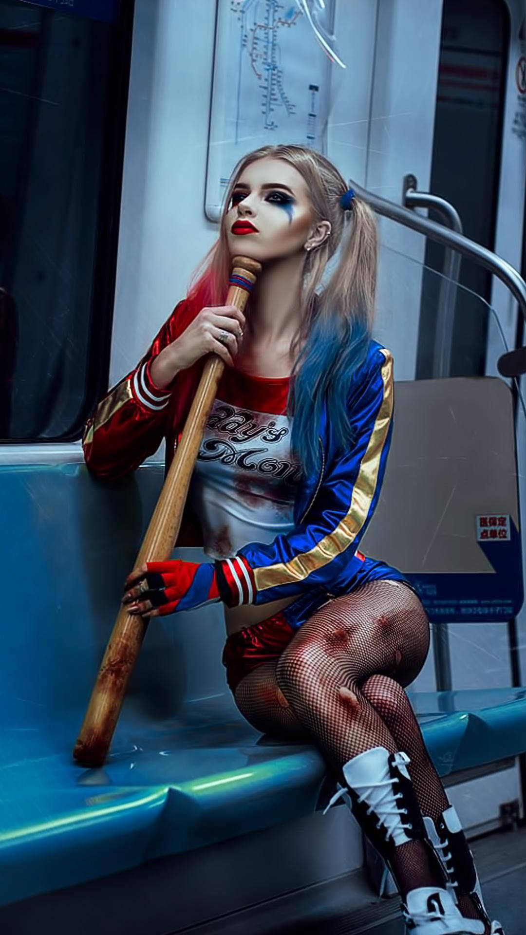 Harley Quinn, cosplay, subway bench, Full HD Phone Wallpaper