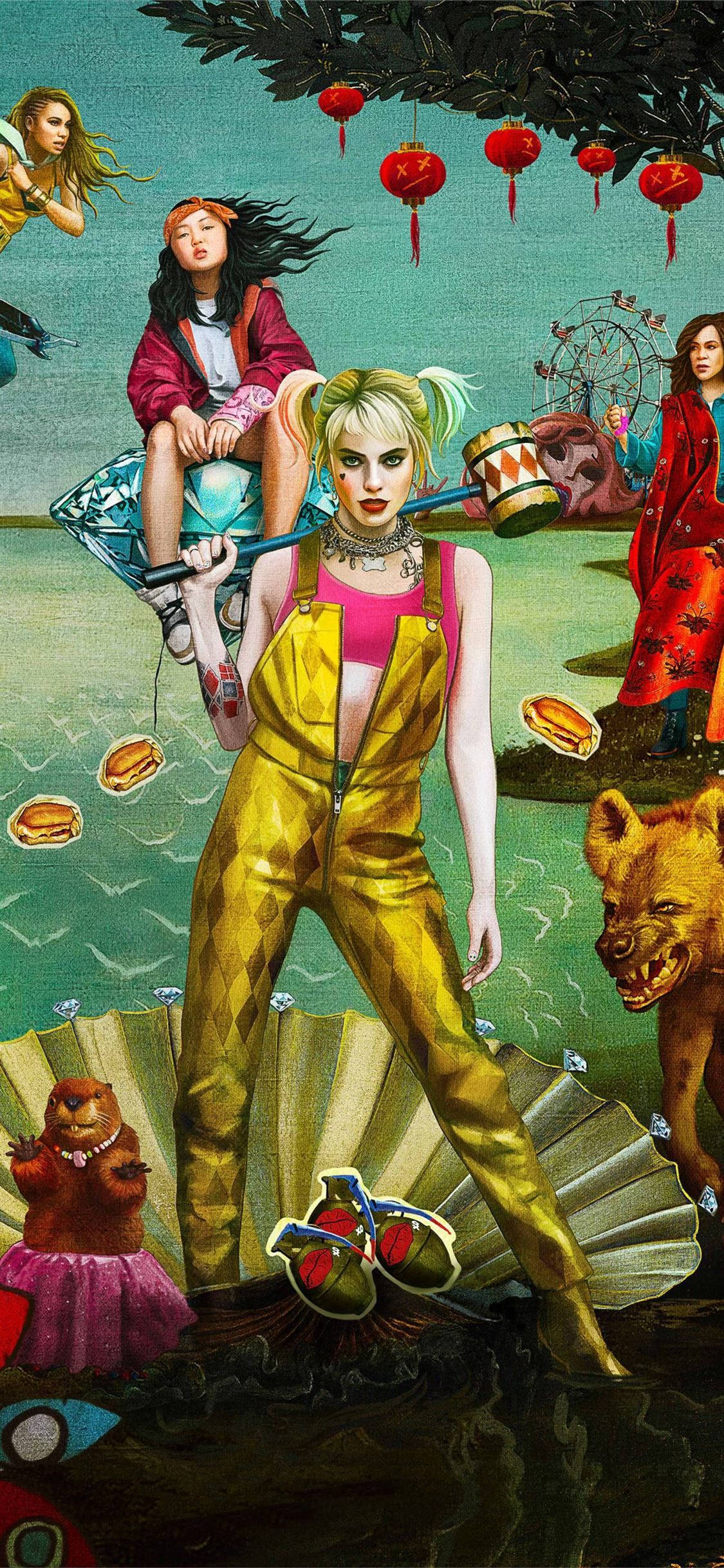 Harley Quinn, gold overalls, water, Full HD Phone Wallpaper