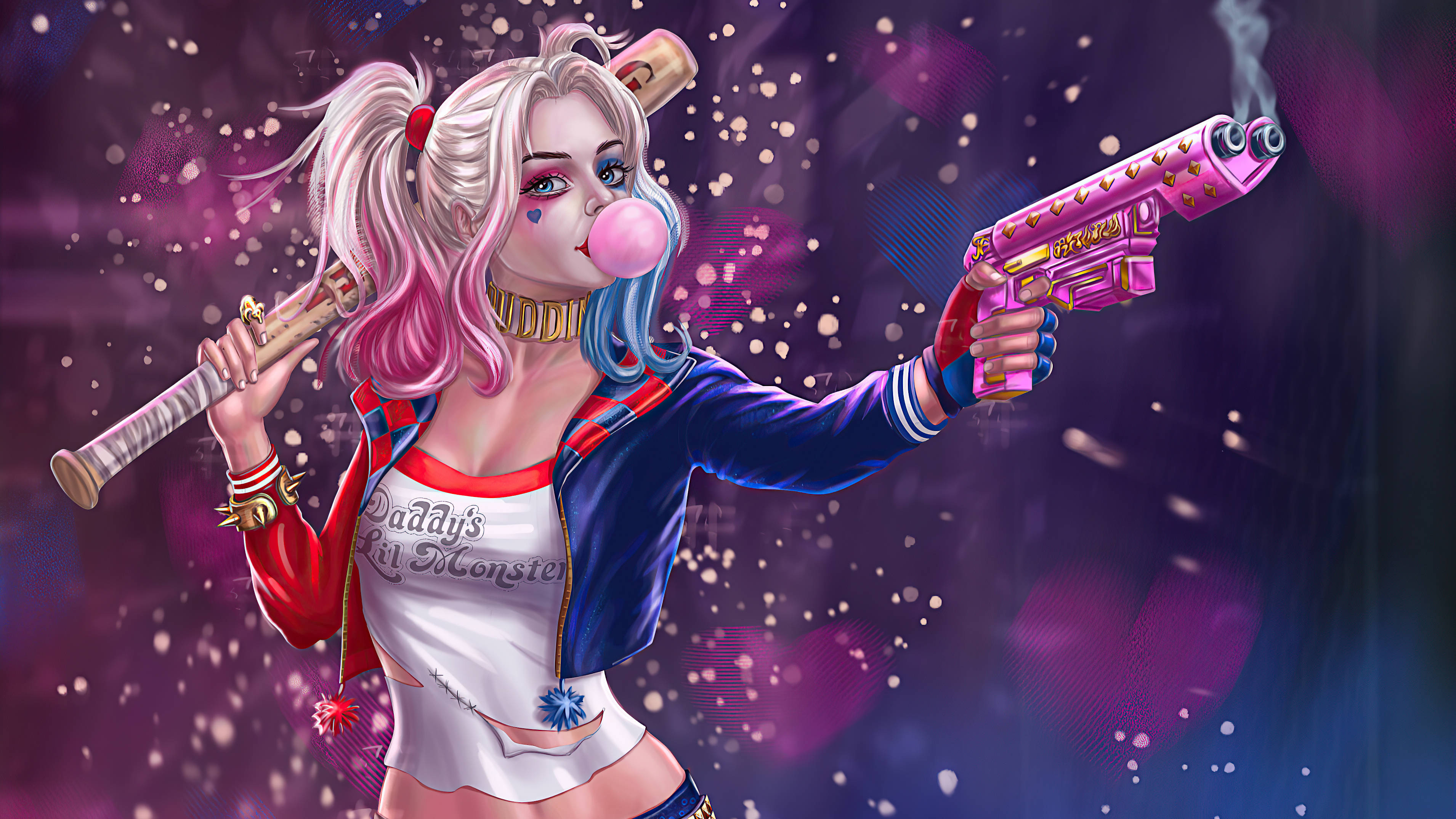 Harley Quinn, bubblegum bubble, baseball bat, 2K Desktop Wallpaper