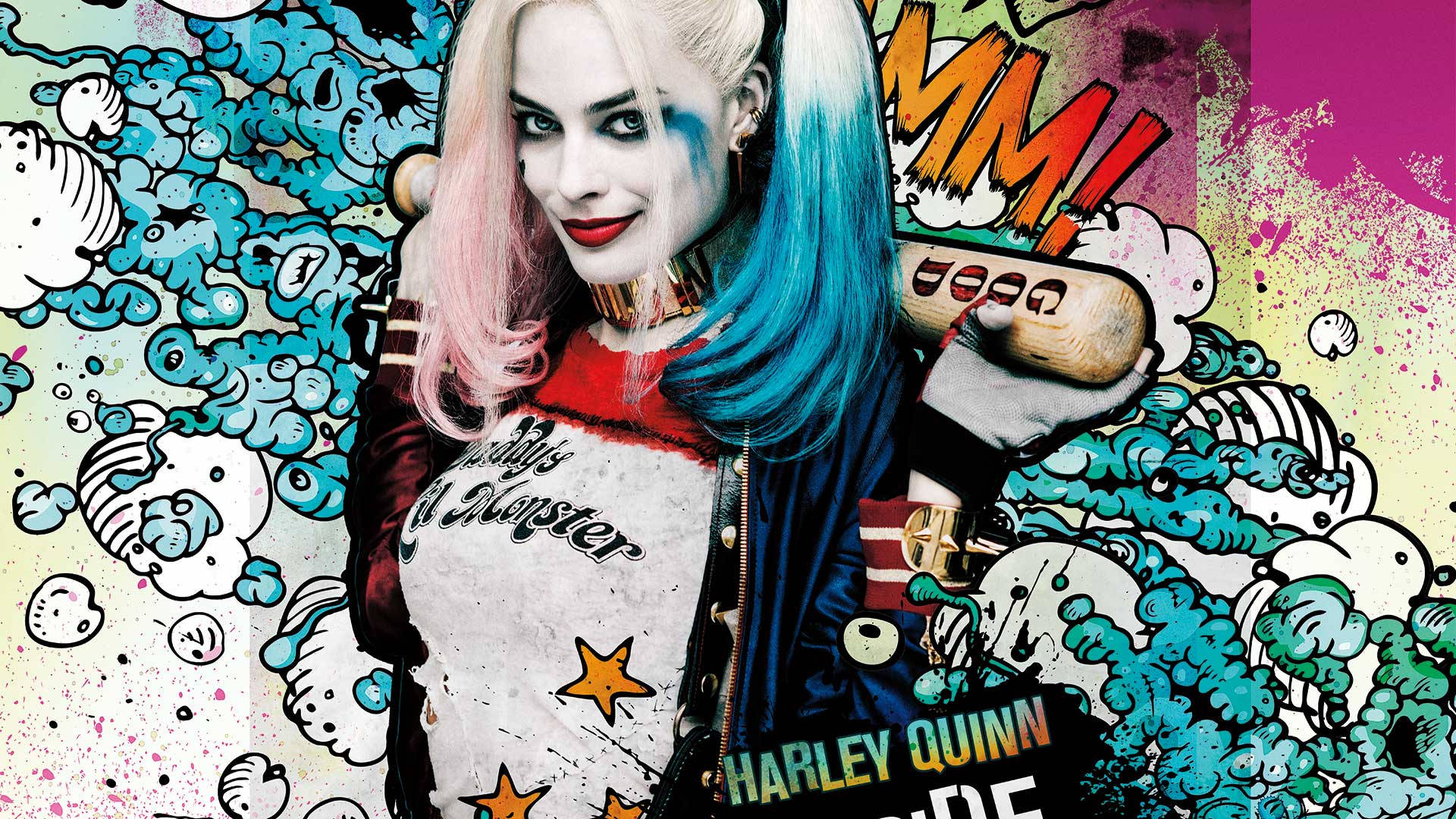 Harley Quinn, comic book style, pink and blue hair, Full HD Desktop Wallpaper