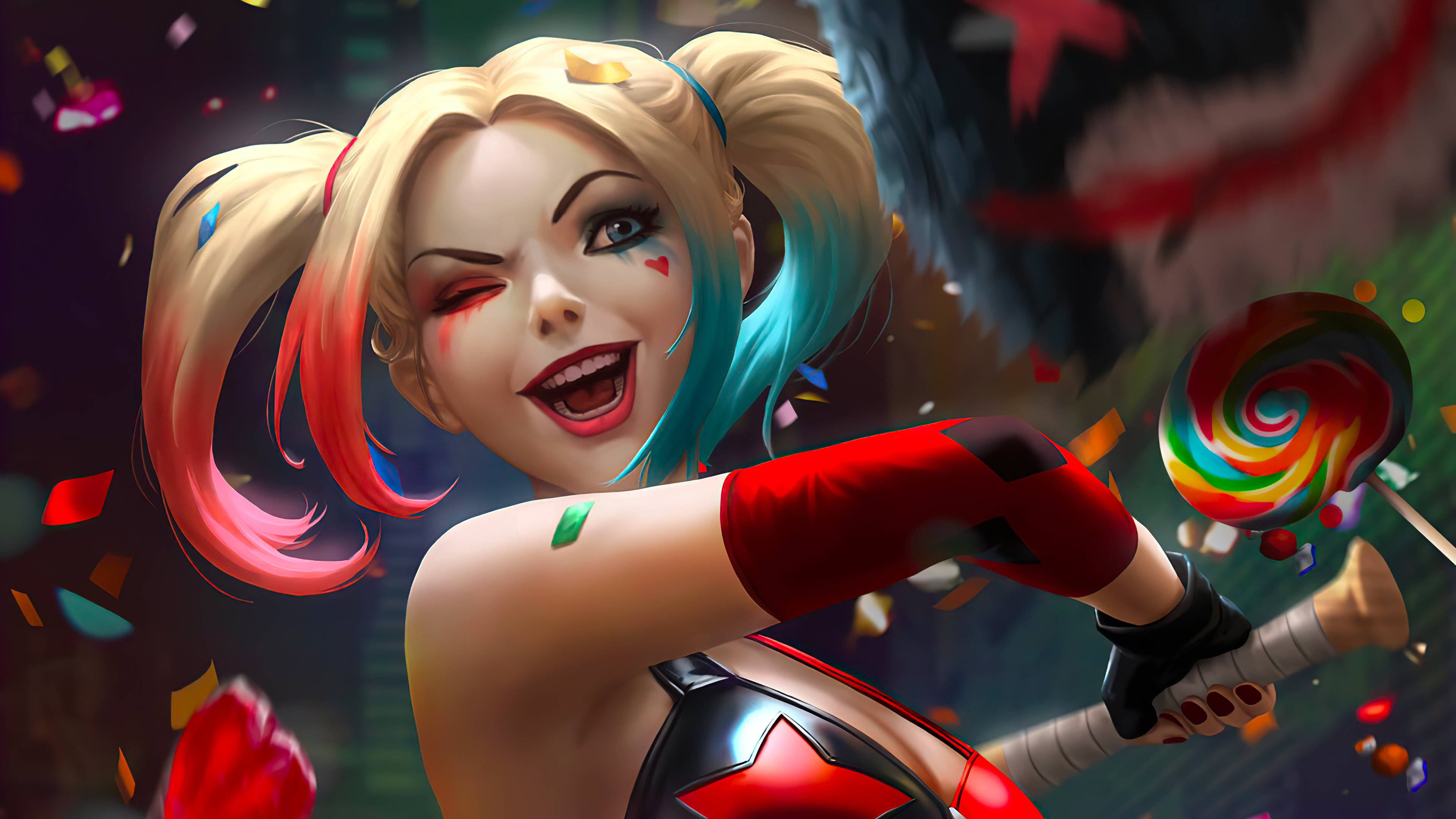 Harley Quinn, rainbow hair pigtails, lollipop weapon, 4K Desktop Wallpaper