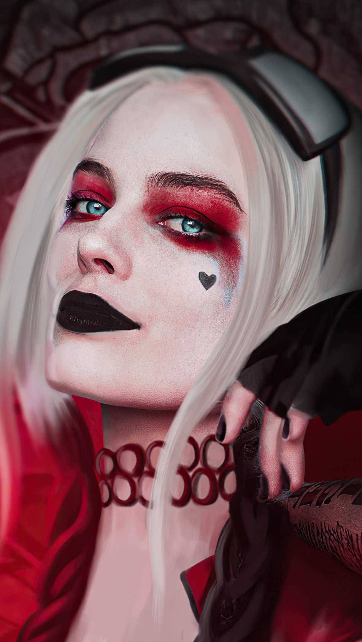 Harley Quinn, white hair, red makeup, Full HD Phone Wallpaper