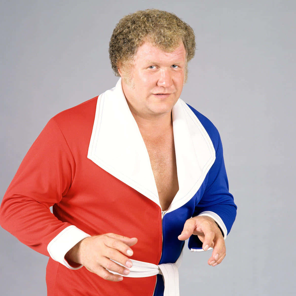 Harley Race, red blue and white split jacket, plain gray background, SD Desktop Wallpaper