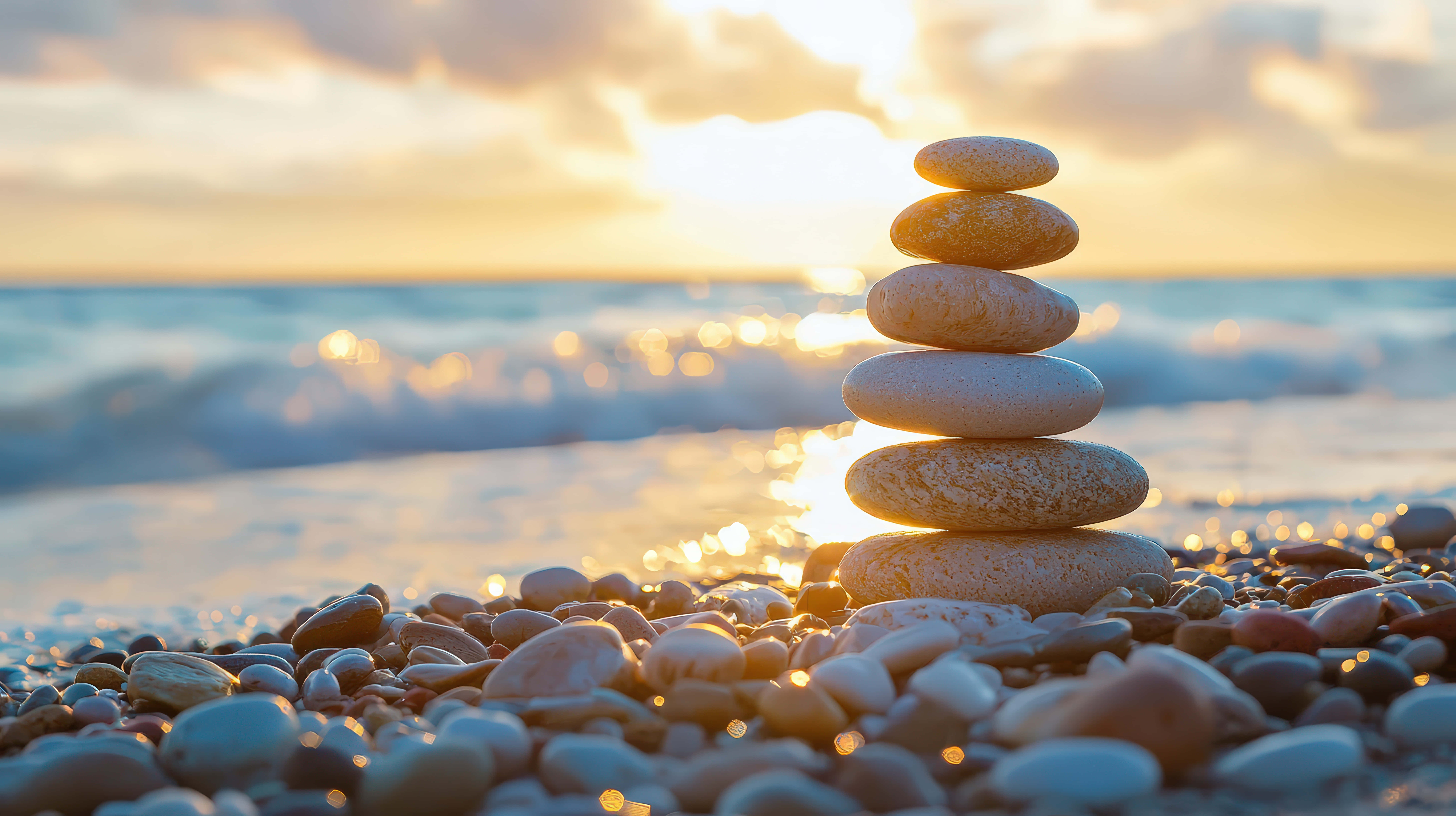 zen stone balance, pebble beach, sunset, 8K Desktop Wallpaper